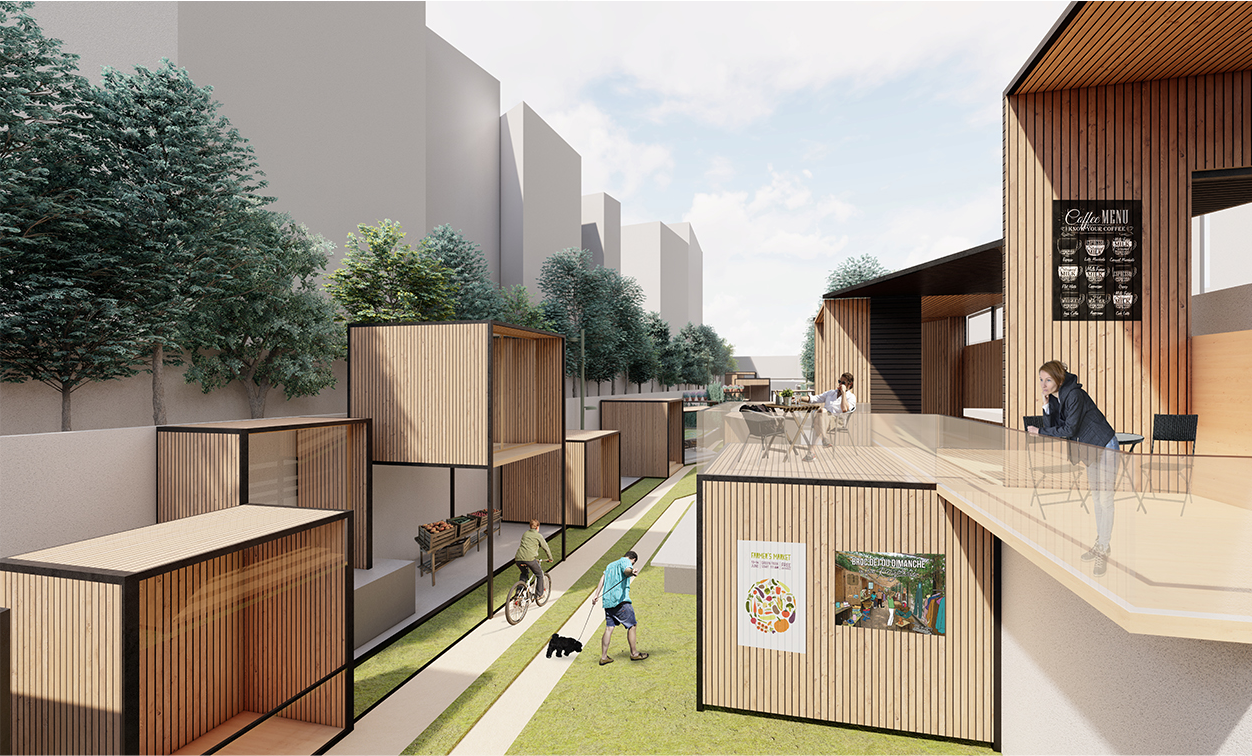 Elevated café terraces overlook the revitalized public spine, enhancing visual connectivity.