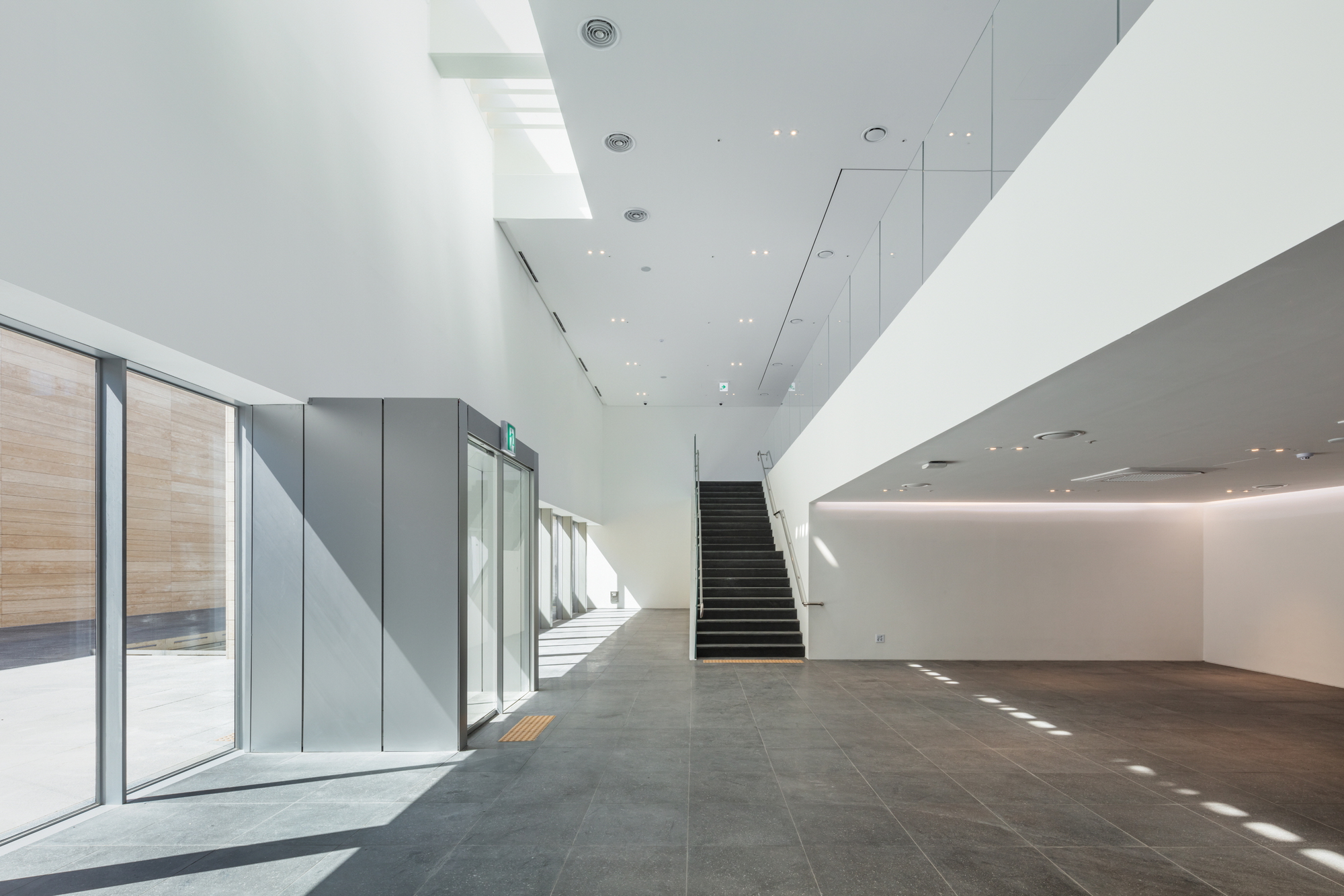 Double-height entrance lobby with black staircase and skylights casting diagonal shadows on stone floor