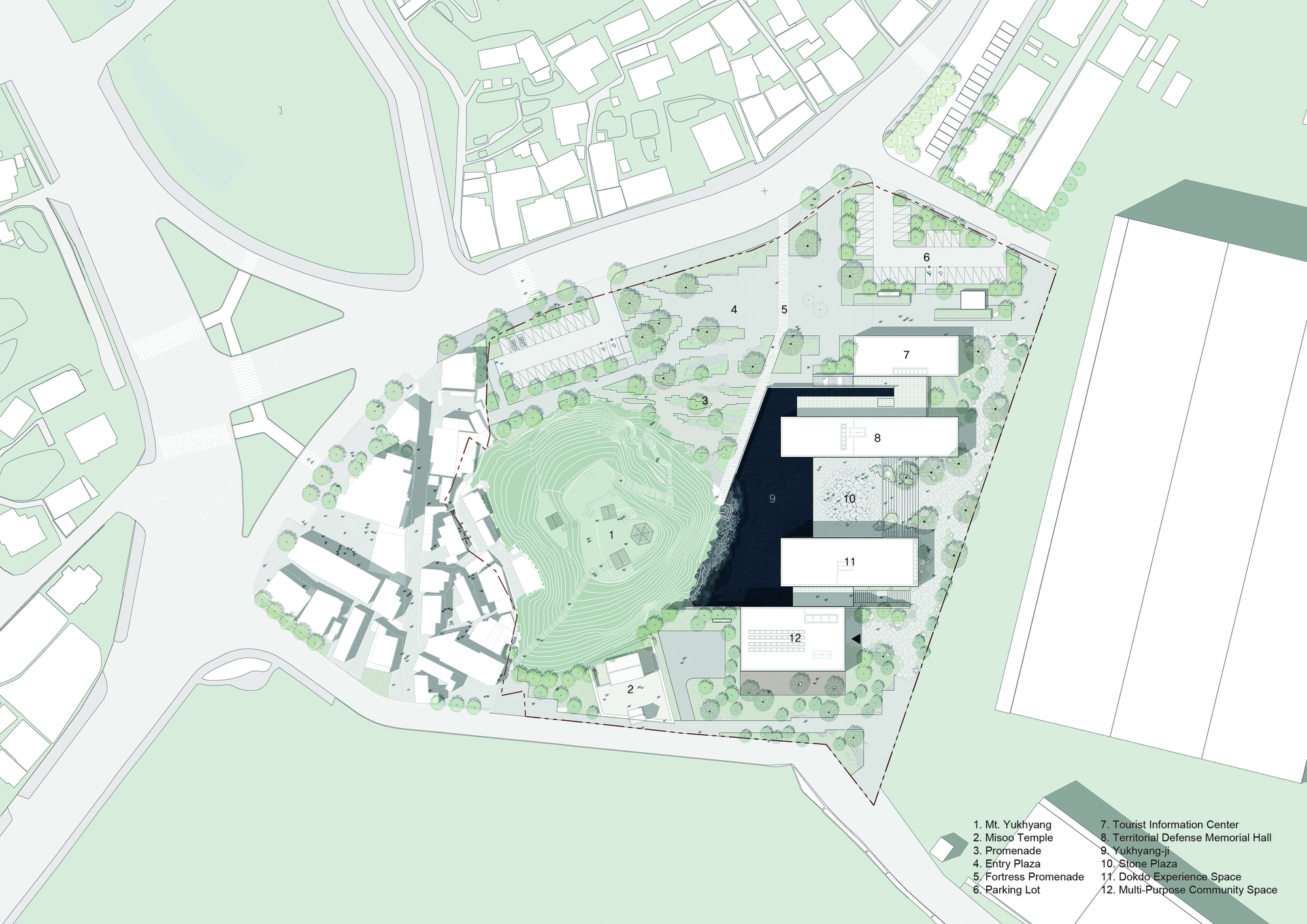 Site plan drawing showing rectangular volumes arranged around a central pond with topographic contours