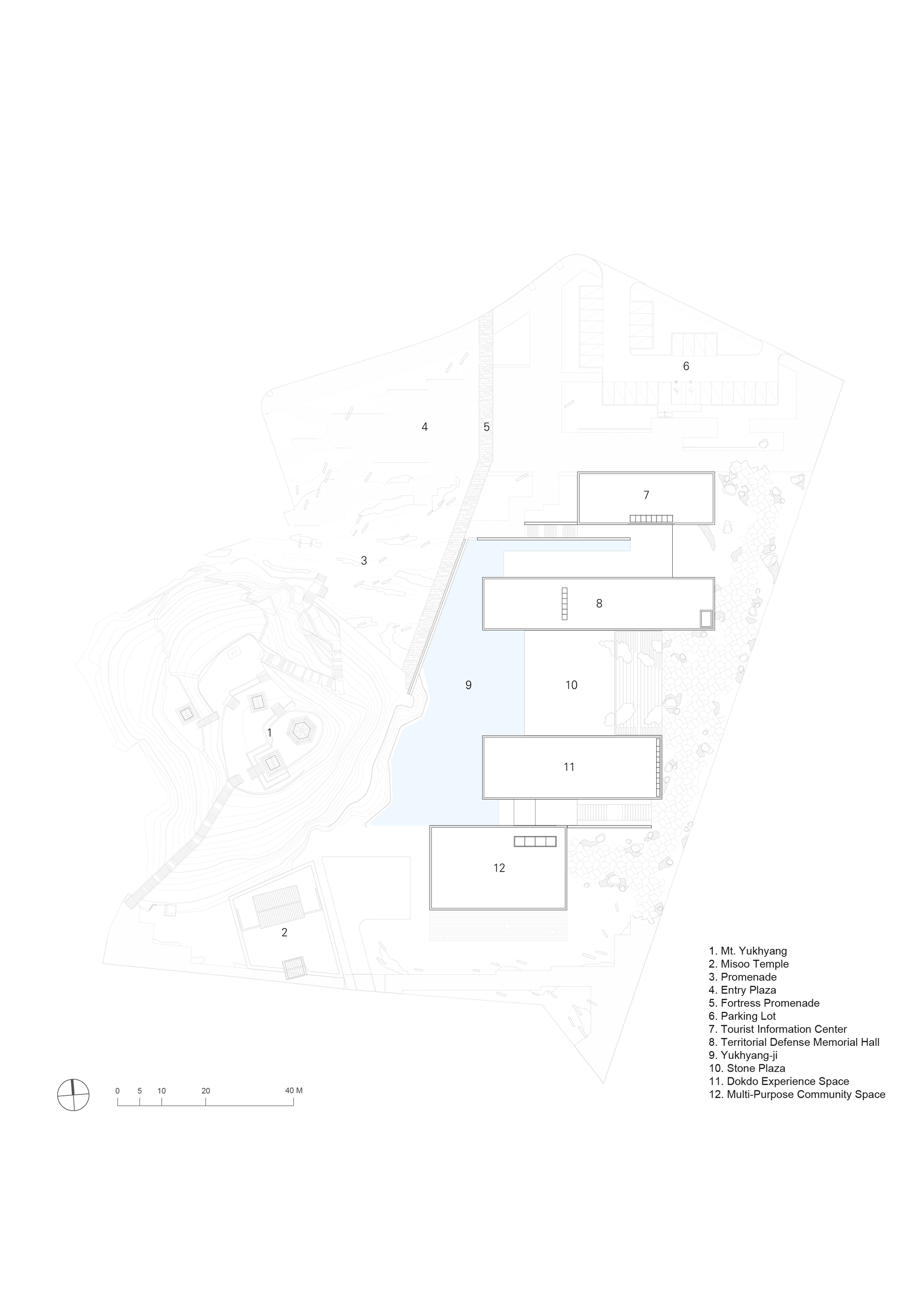 Site plan drawing depicting building volumes positioned along a sloping hillside with water feature
