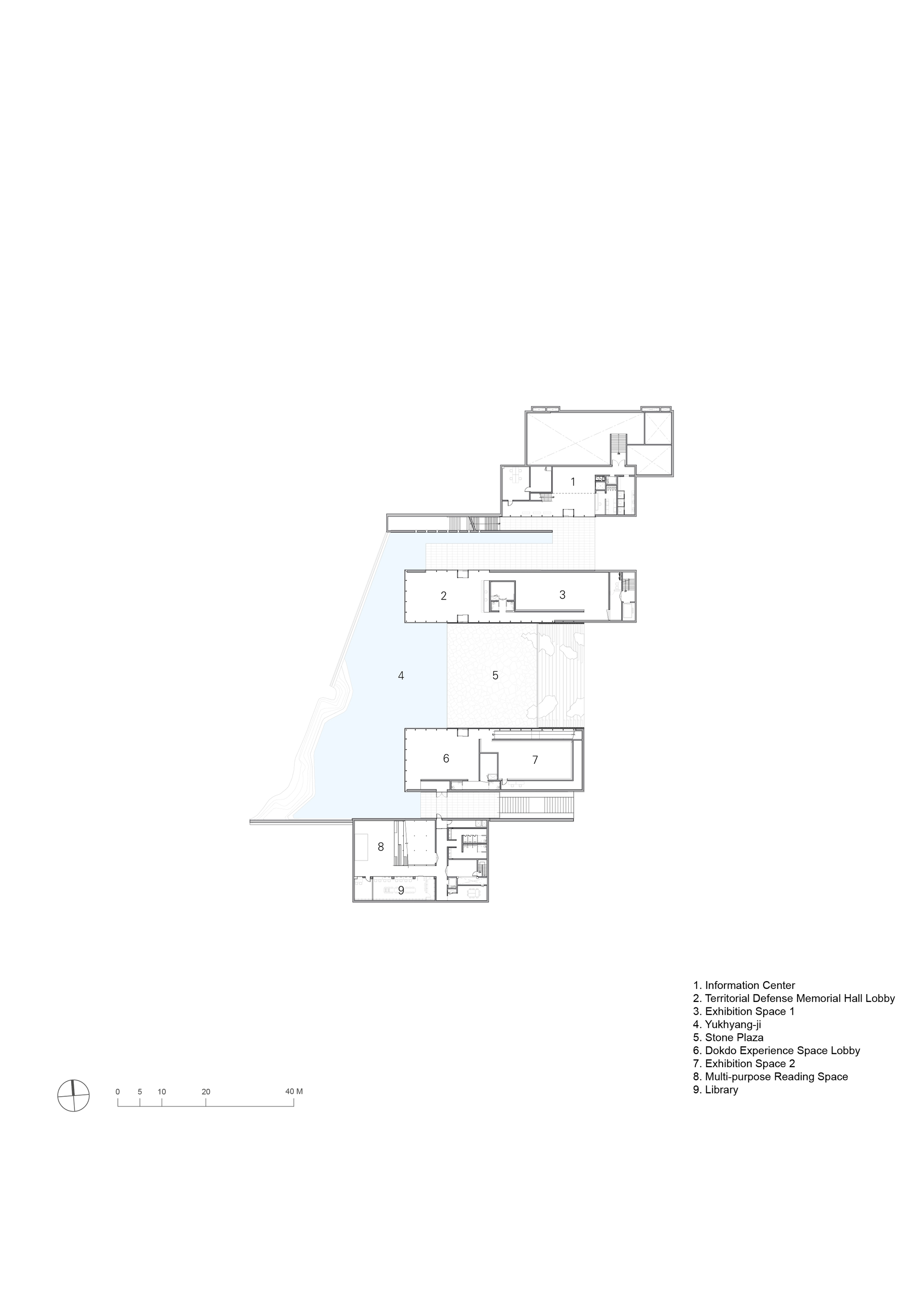 Floor plan drawing illustrating staggered rectangular volumes with central circulation and water element