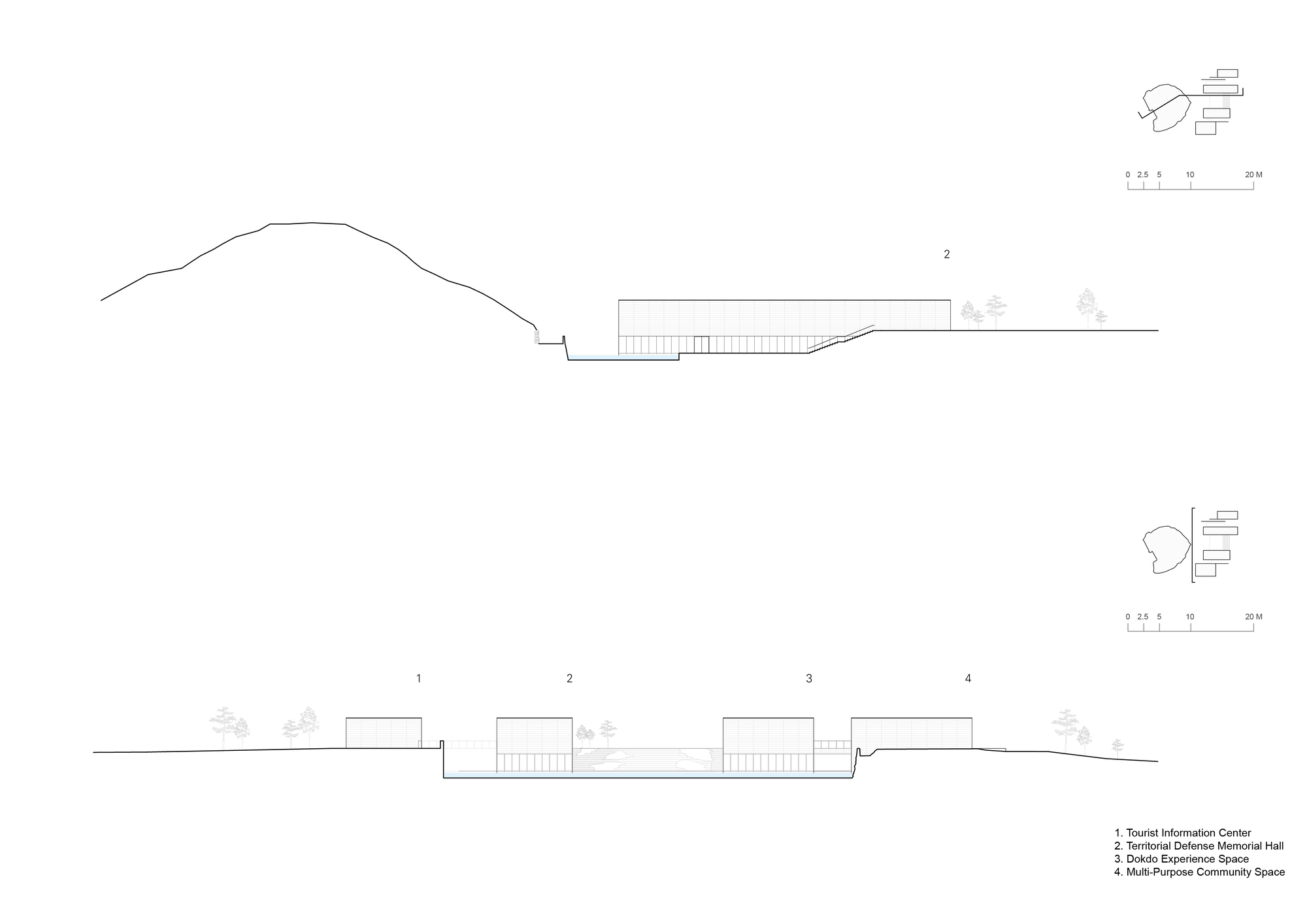 Section drawings showing low-profile pavilions stepping down the hillside toward planted landscape
