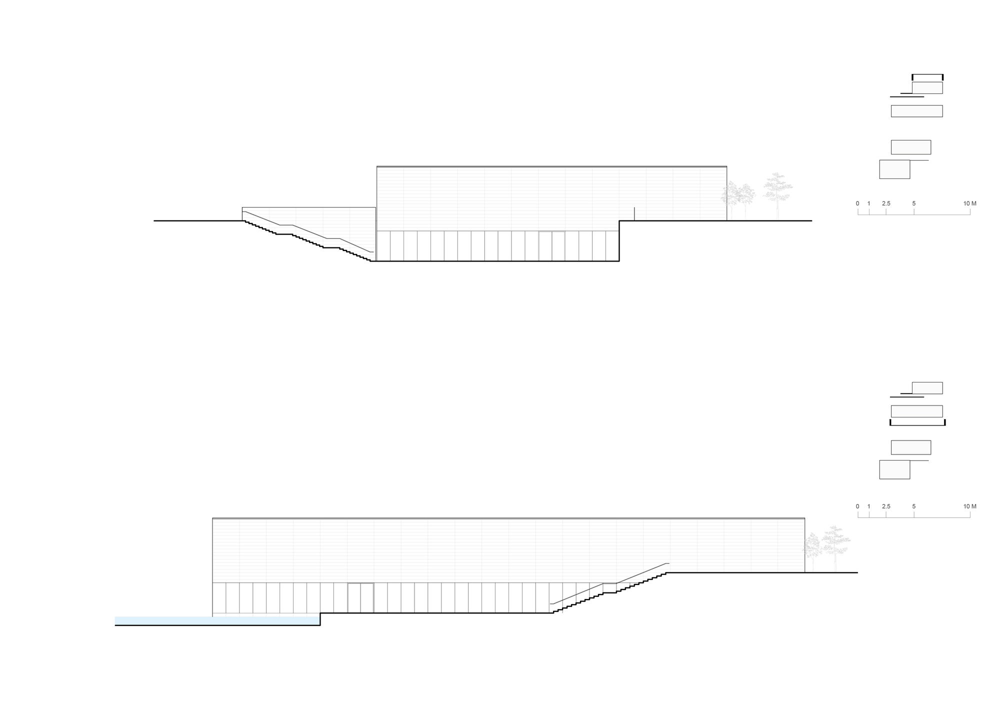 Section drawings showing a low-slung rectilinear volume set into sloping terrain with trees