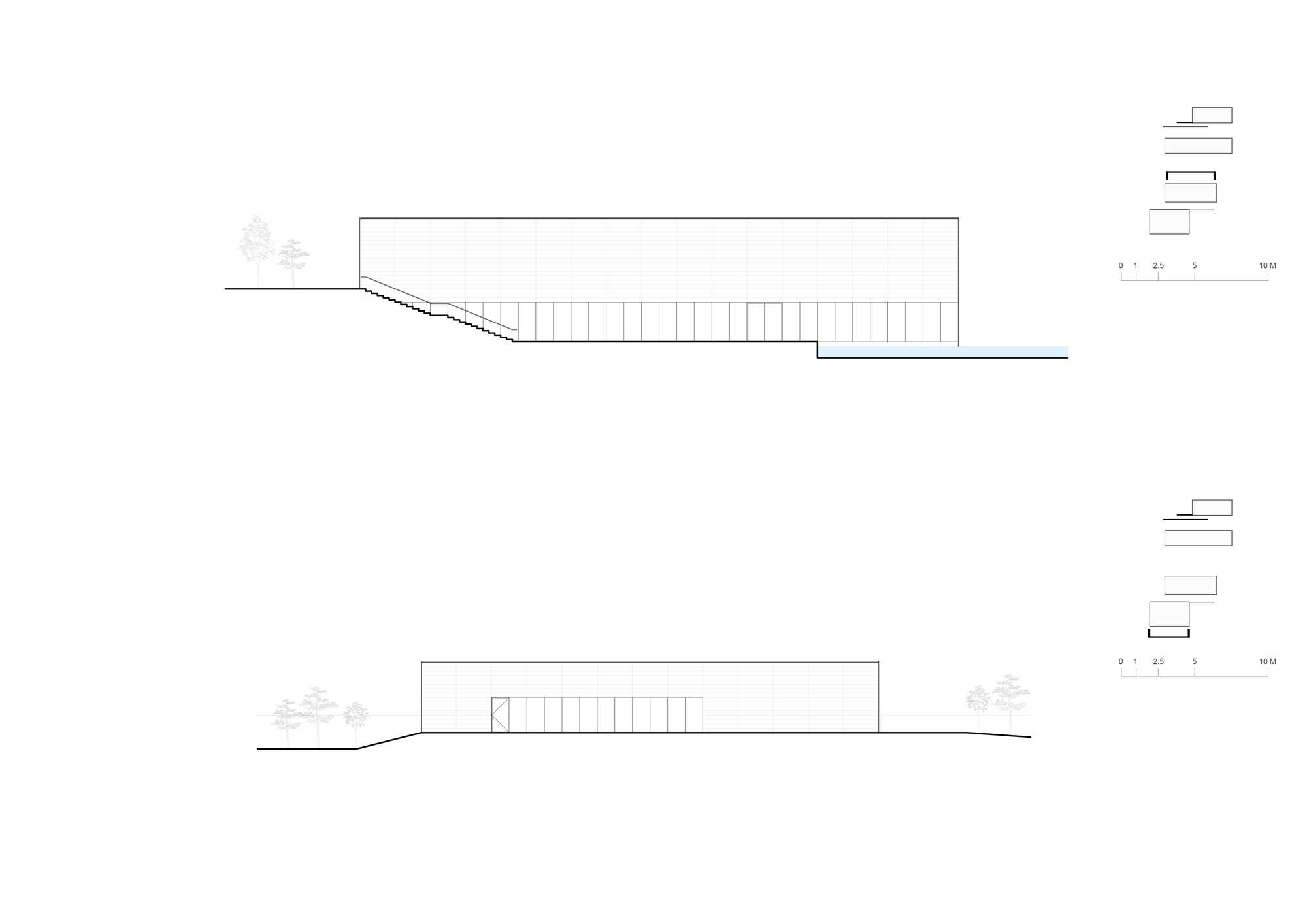 Section and elevation drawings depicting the pavilion embedded in landscape with water feature