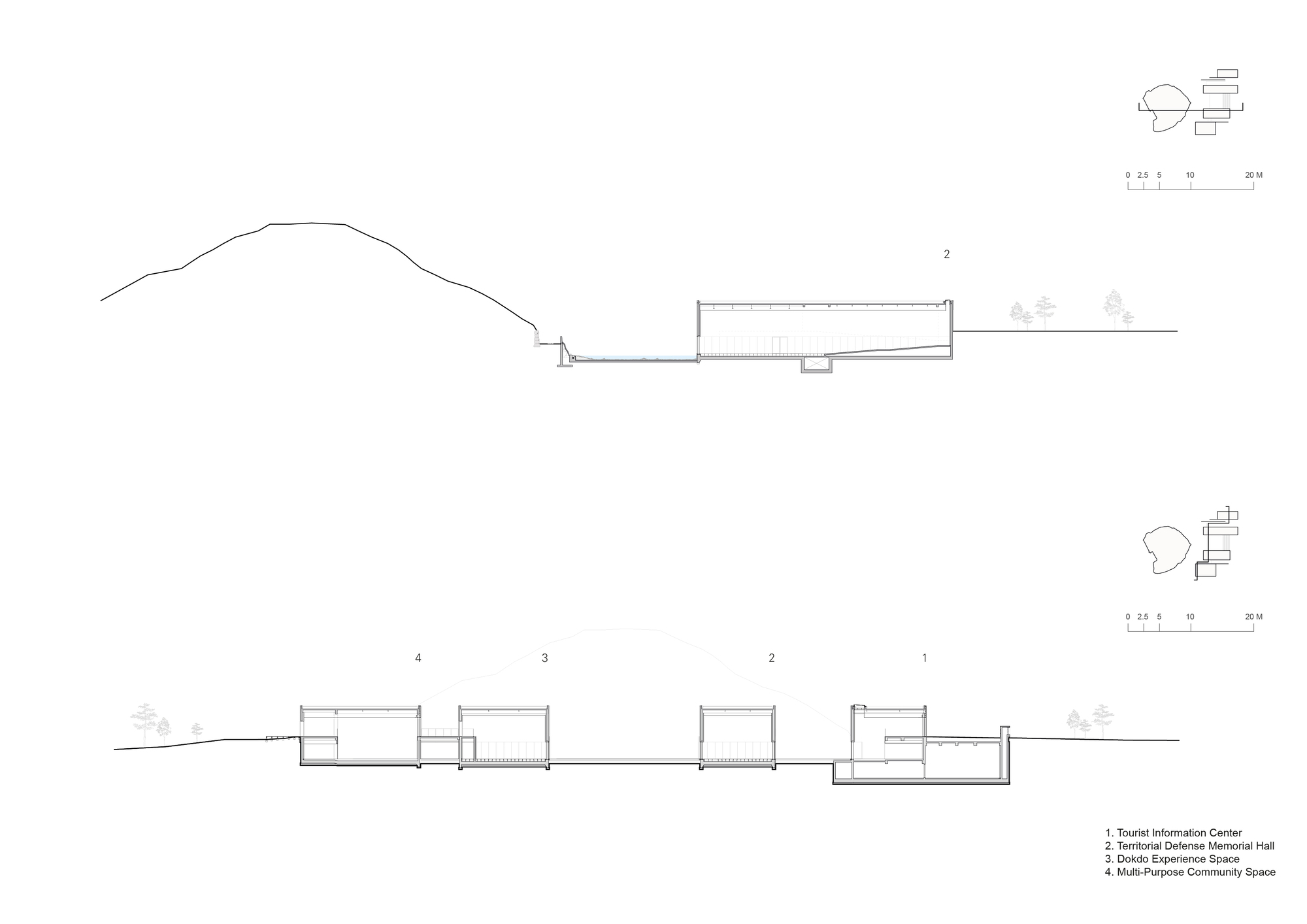 Section drawings illustrating four discrete pavilion volumes stepping down a hillside with vegetation