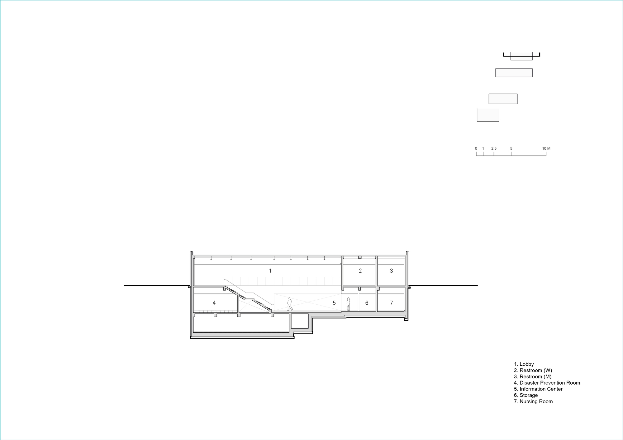 Floor plan showing a linear arrangement of rooms with diagonal staircase and multiple skylights