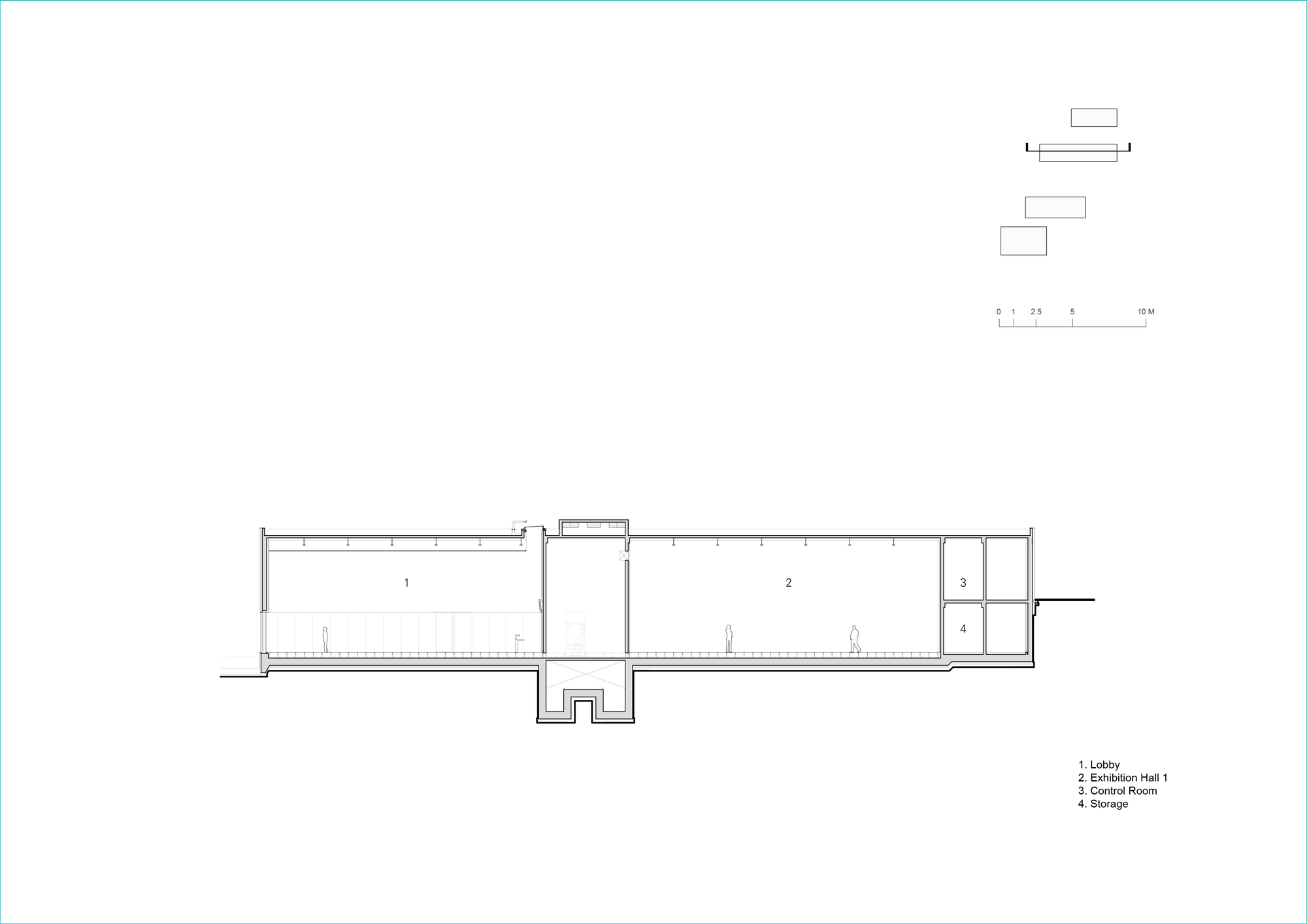 Section drawing revealing two large exhibition halls flanking a central sunken entry court
