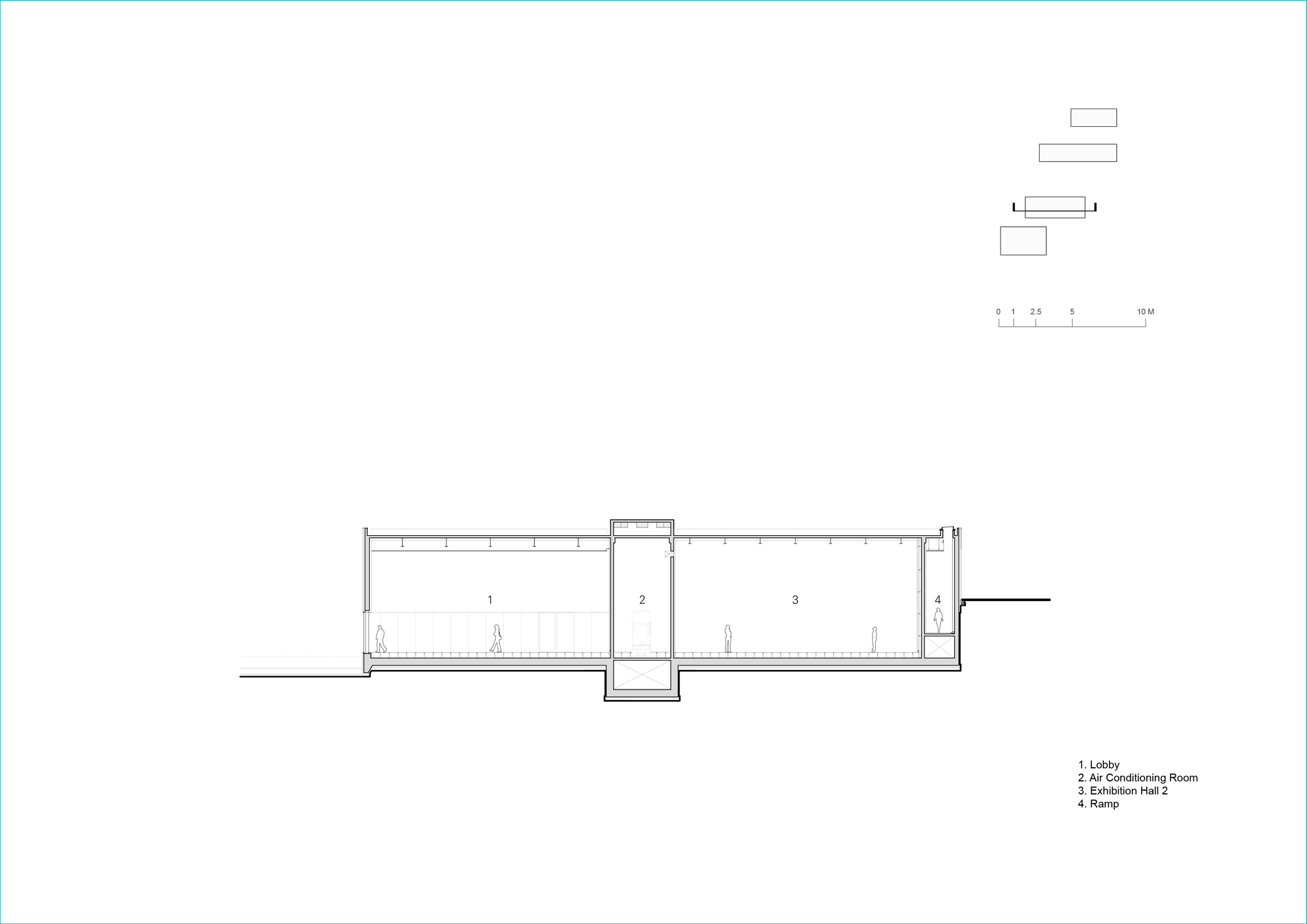 Section drawing showing twin galleries separated by central conditioned room with clerestory lighting