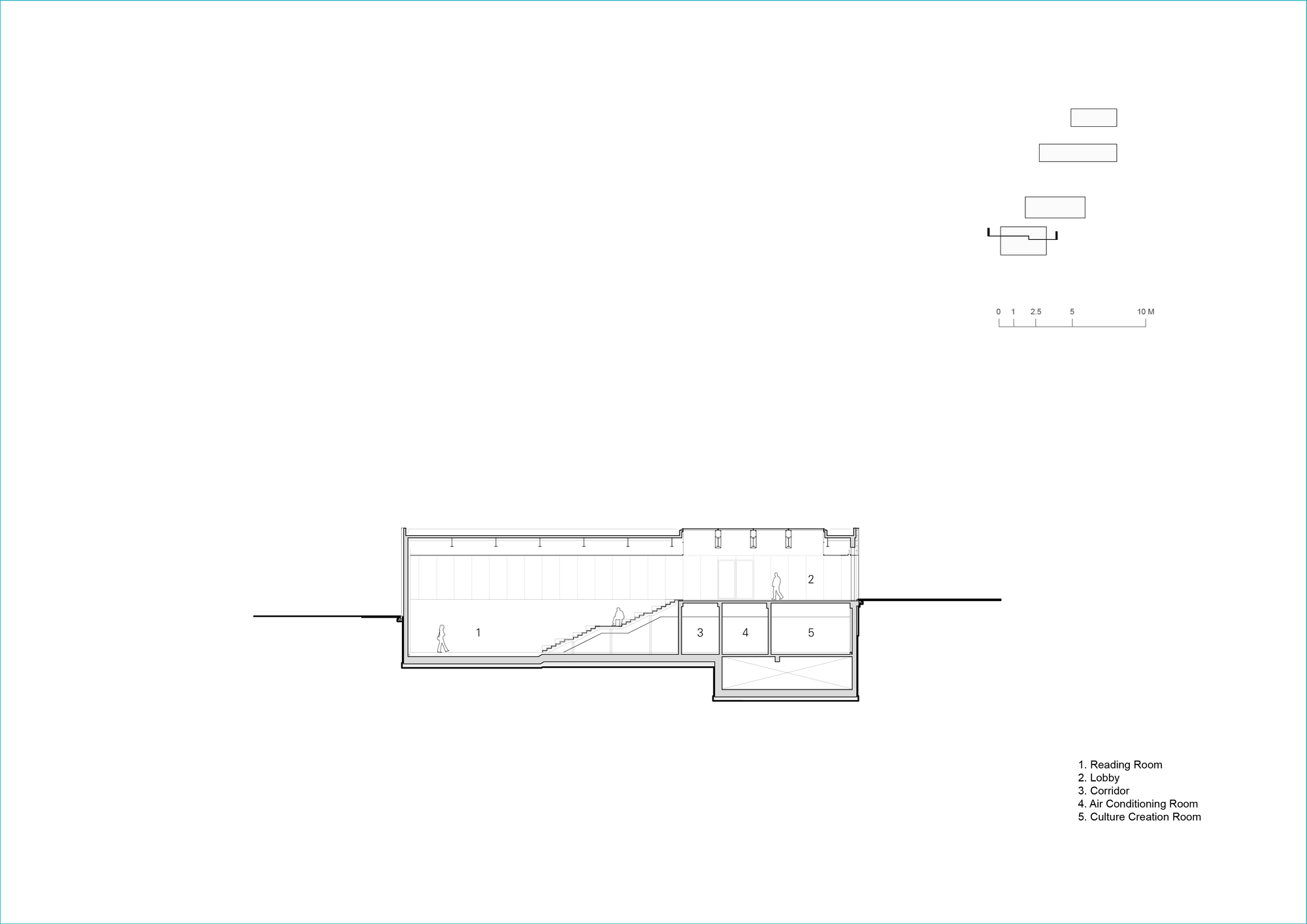 Section drawing showing a partially submerged gallery space with stairs connecting multiple interior levels