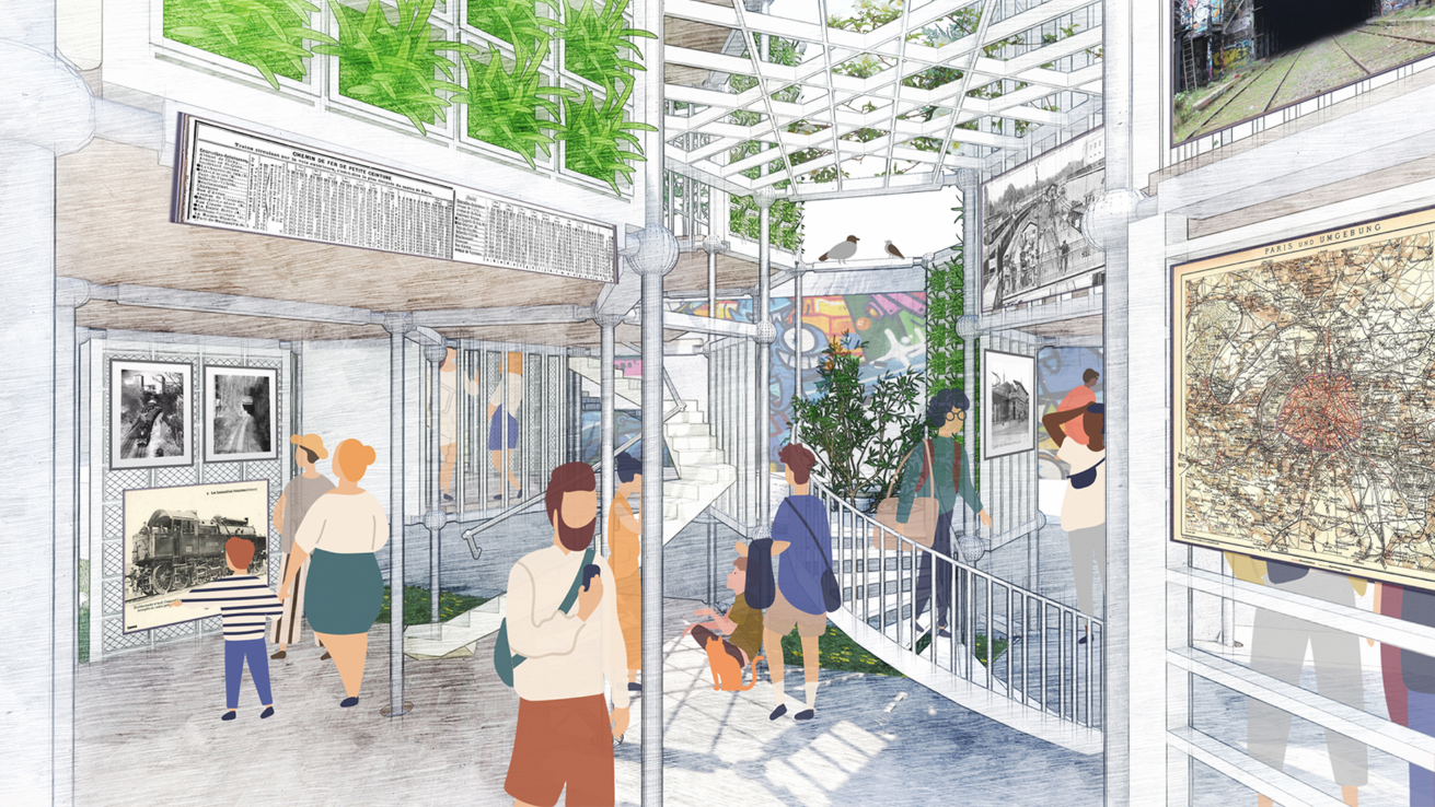 Modular interior exhibition space integrating history, greenery, and community interaction within adaptive reuse architecture.