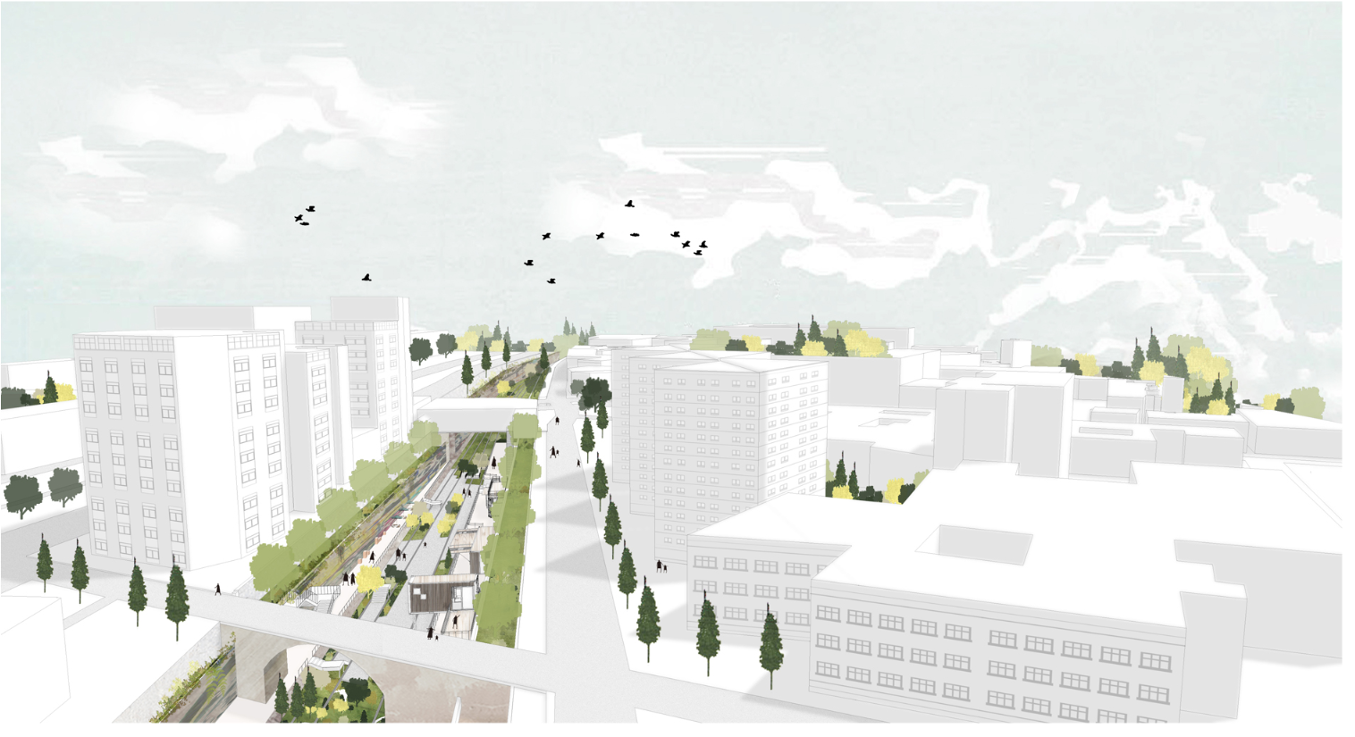 Layered walkways, vegetation, and reused structures activate the railway as an open urban living room.