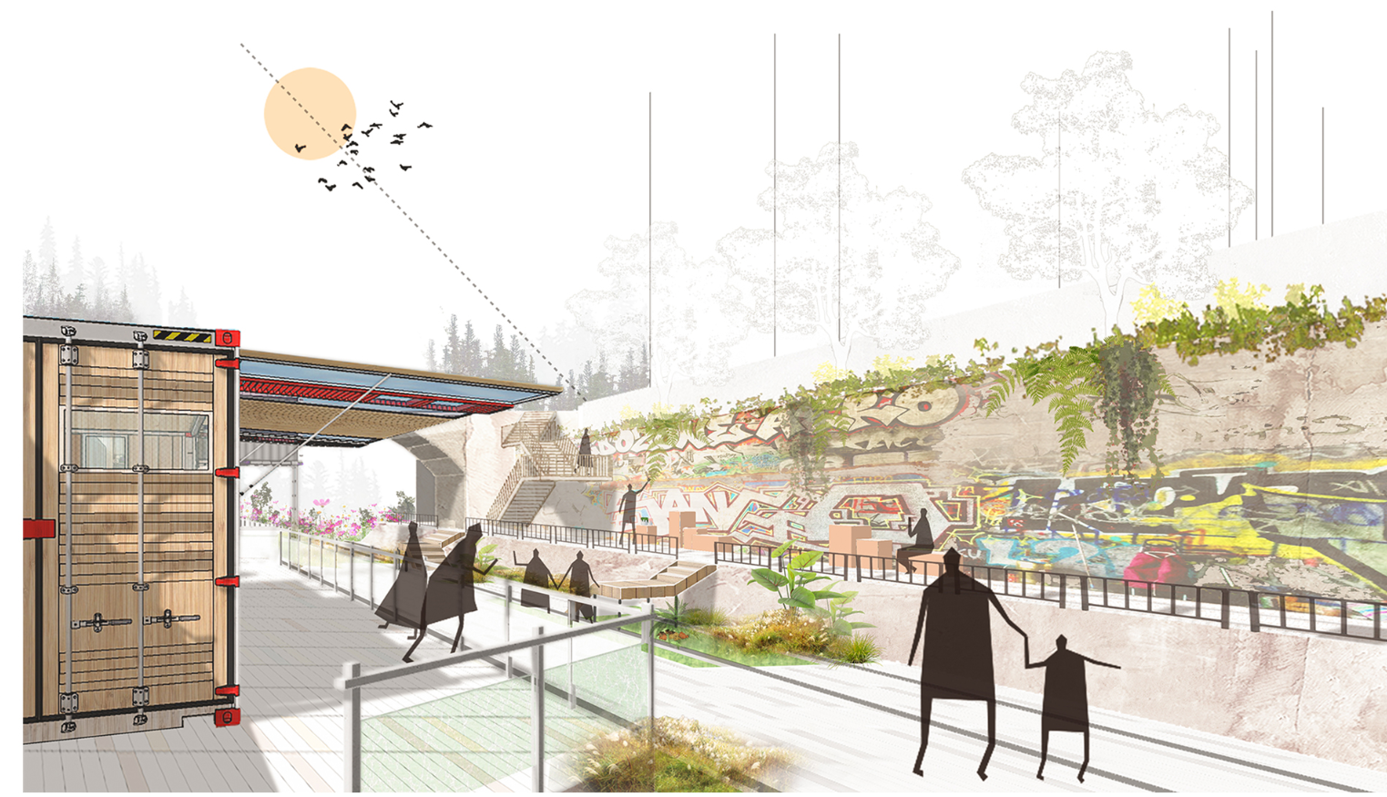 Graffiti walls and modular inserts frame a dynamic cultural spine within the historic rail infrastructure.