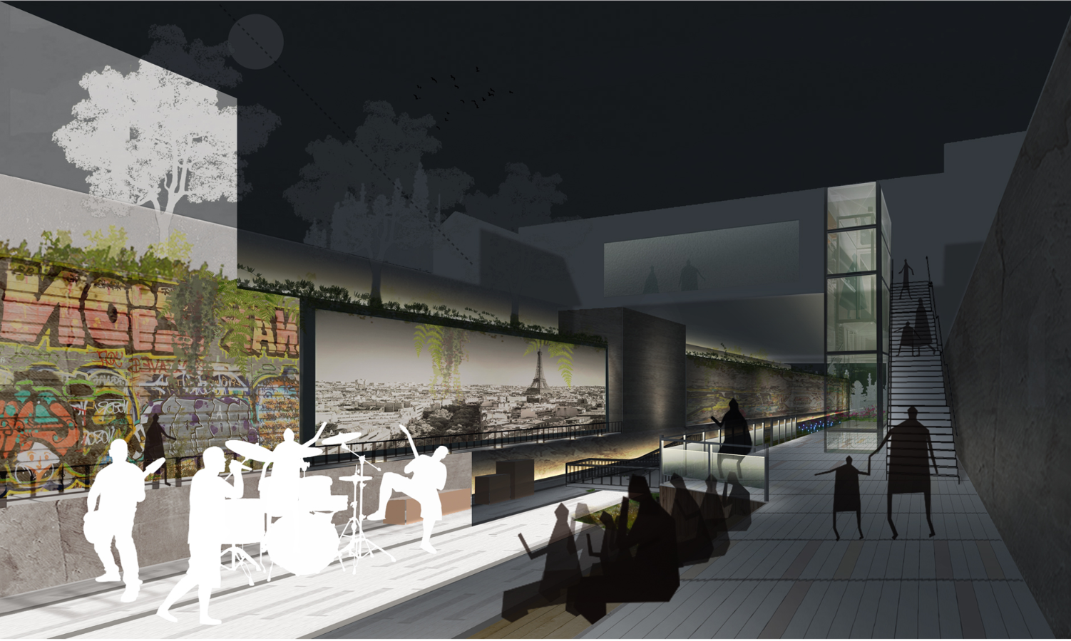 Strategic lighting transforms the corridor into a safe, immersive night-time public space for performances and gatherings.