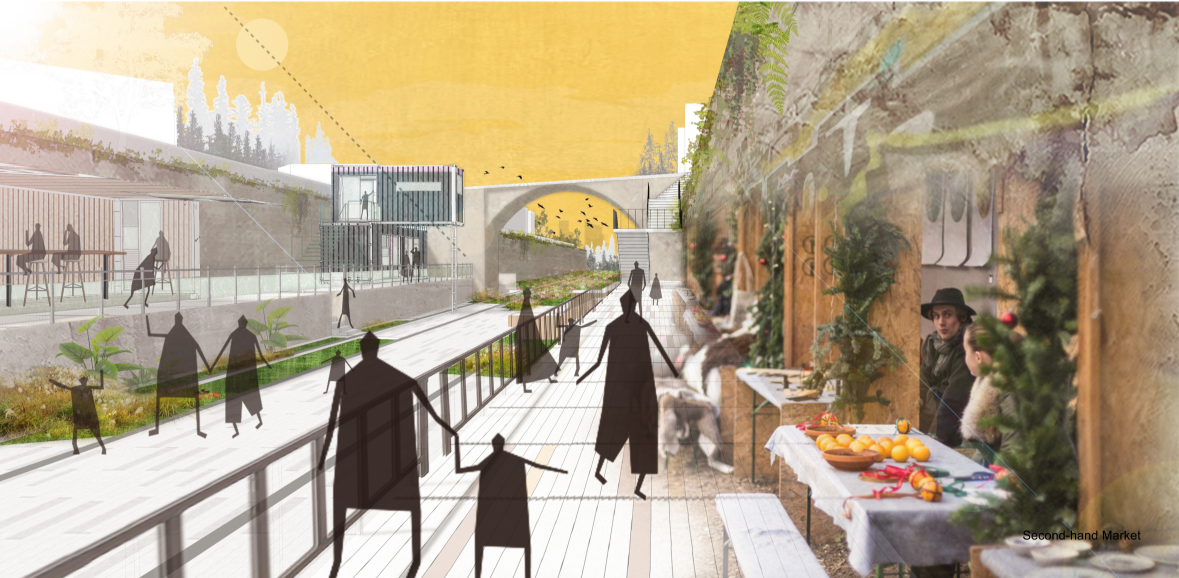 Temporary stalls and flexible modules support informal economies and community interaction along the linear park.