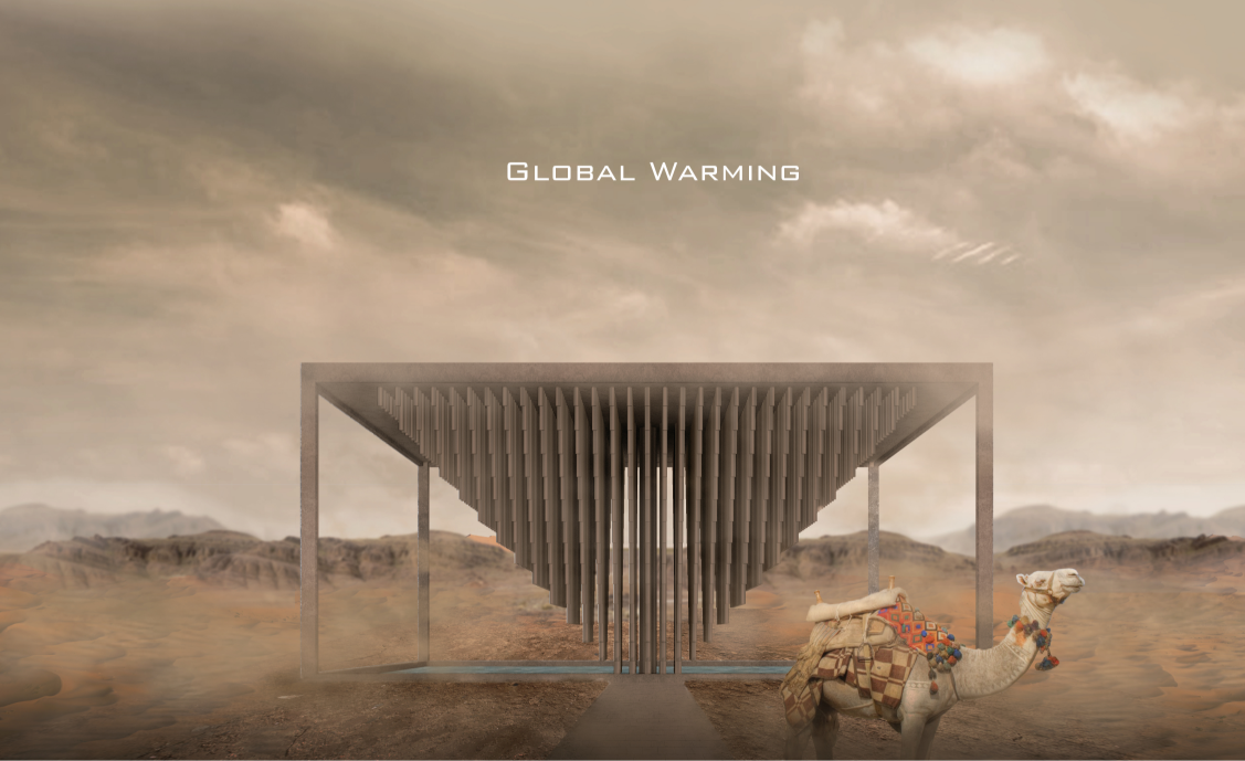 Inverted pyramid memorial visualizing CO₂-driven stalactite formation in a desert landscape.