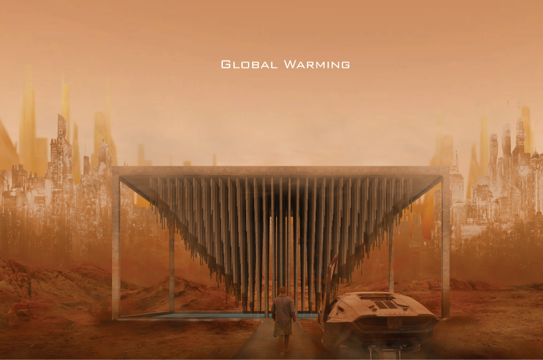 Evolving architectural form set against a dystopian future shaped by rising global temperatures.