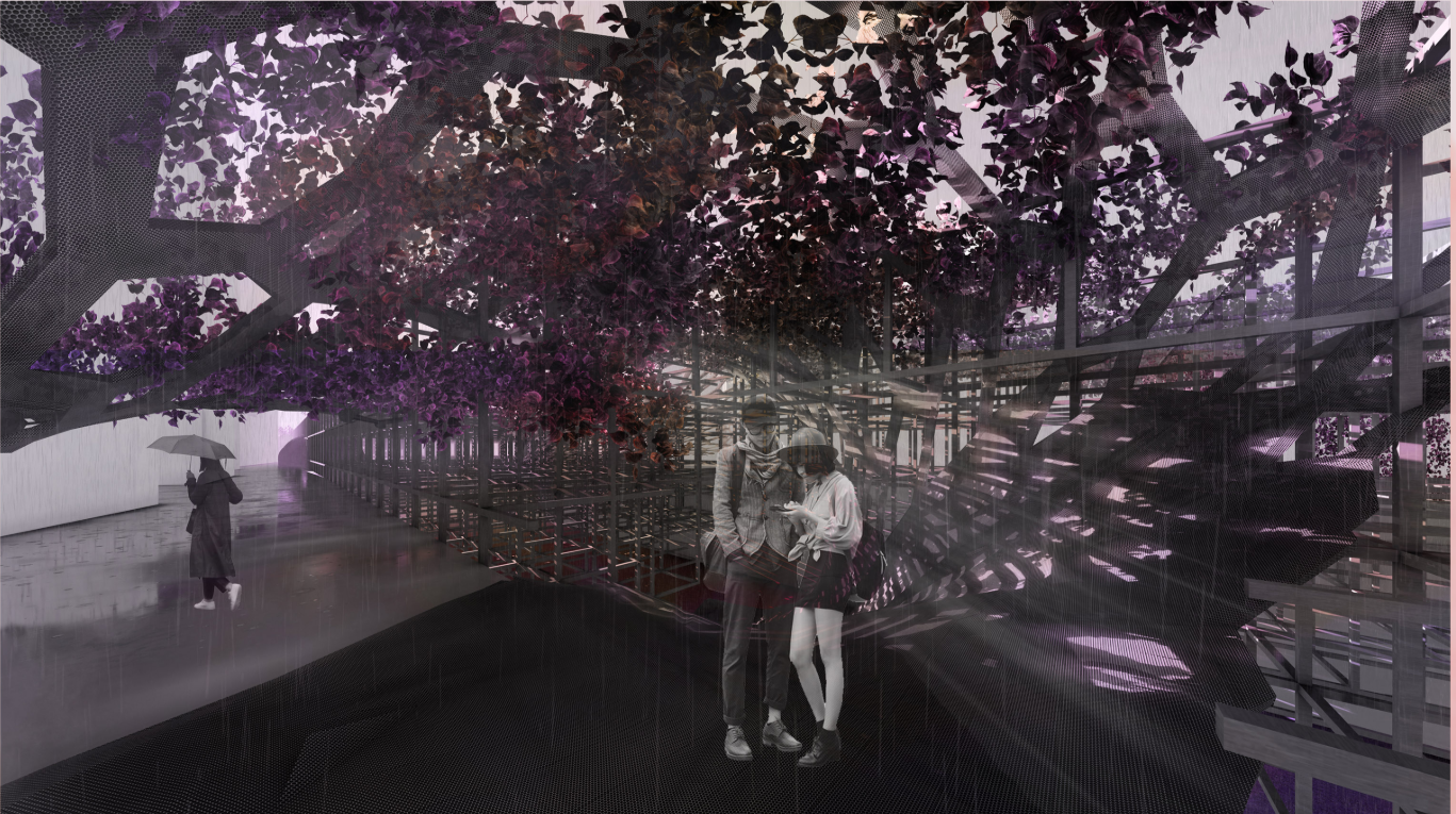 Filtered light and suspended vegetation create an immersive spatial layer beneath the city, redefining underground public life.