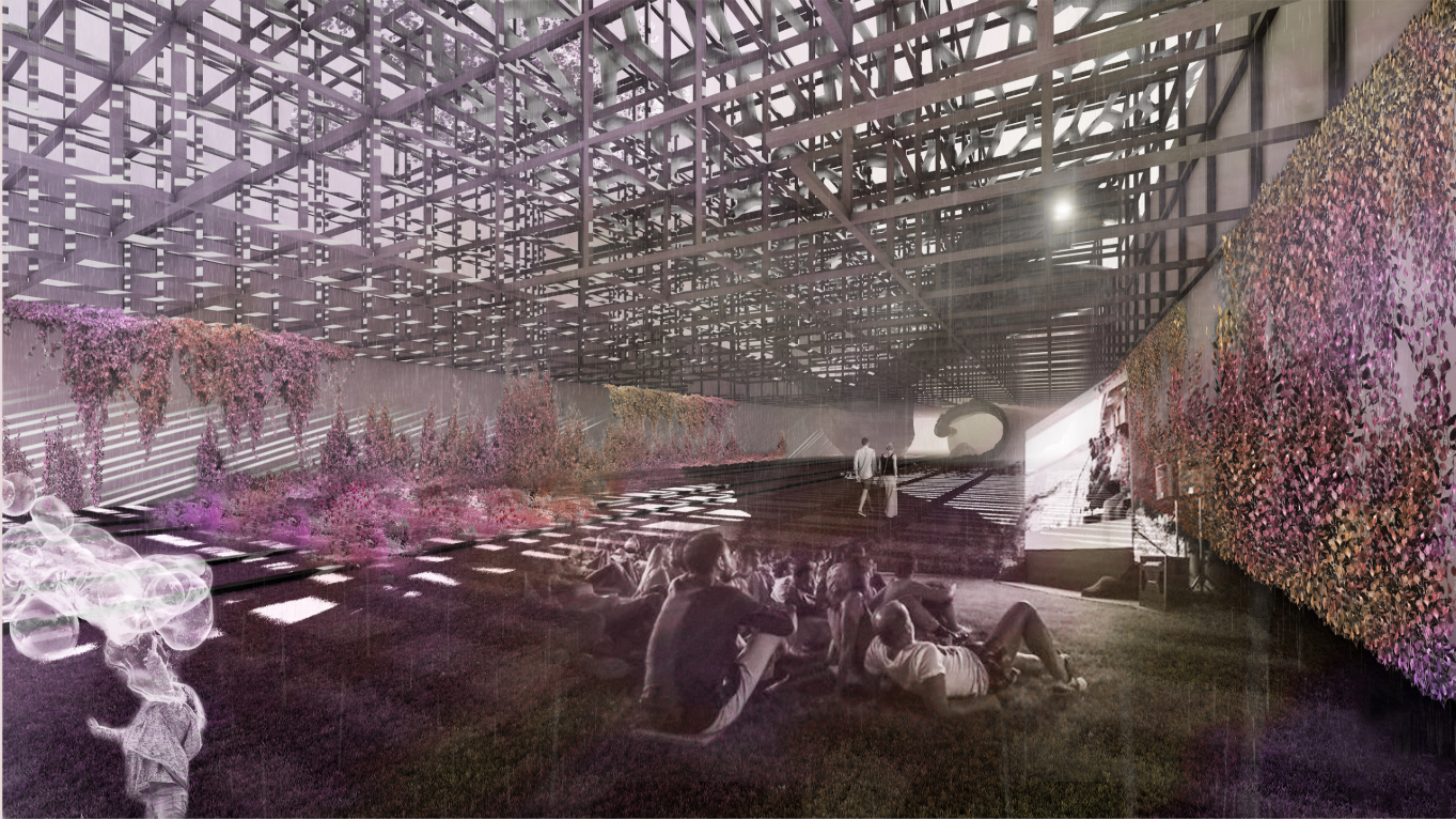 An adaptive interior landscape supports performances, gatherings, and informal use within a flexible parametric framework.