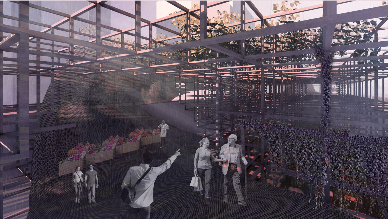 The steel grid becomes a living infrastructure, integrating greenery, movement, and human interaction across shifting spatial conditions.