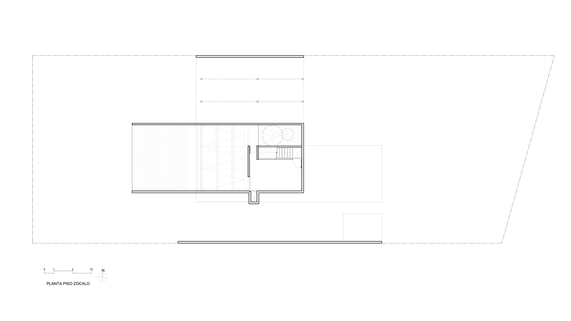 Second floor plan drawing showing a compact volume with stair and bathroom adjacent to exterior terraces