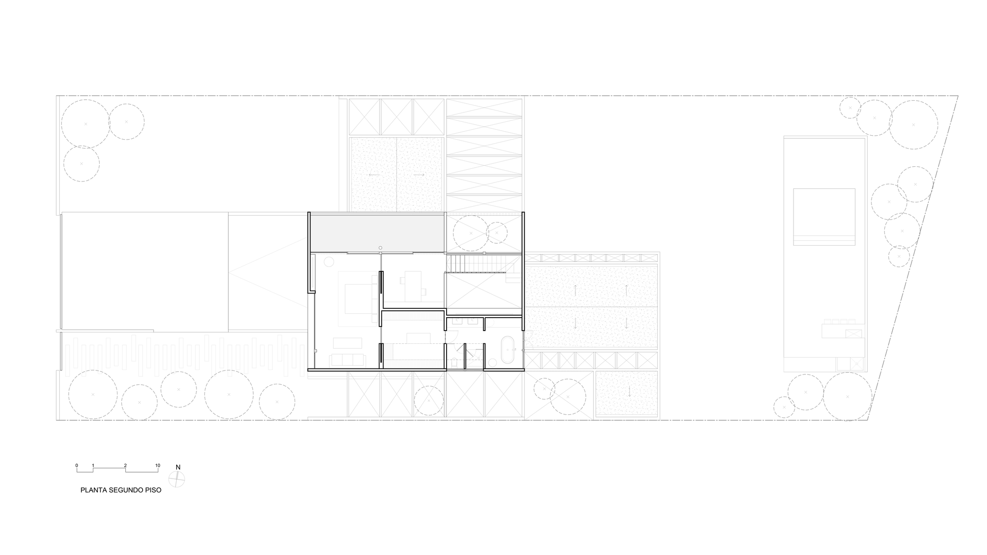 Second floor plan drawing showing compact interior rooms and adjacent terrace with planted trees