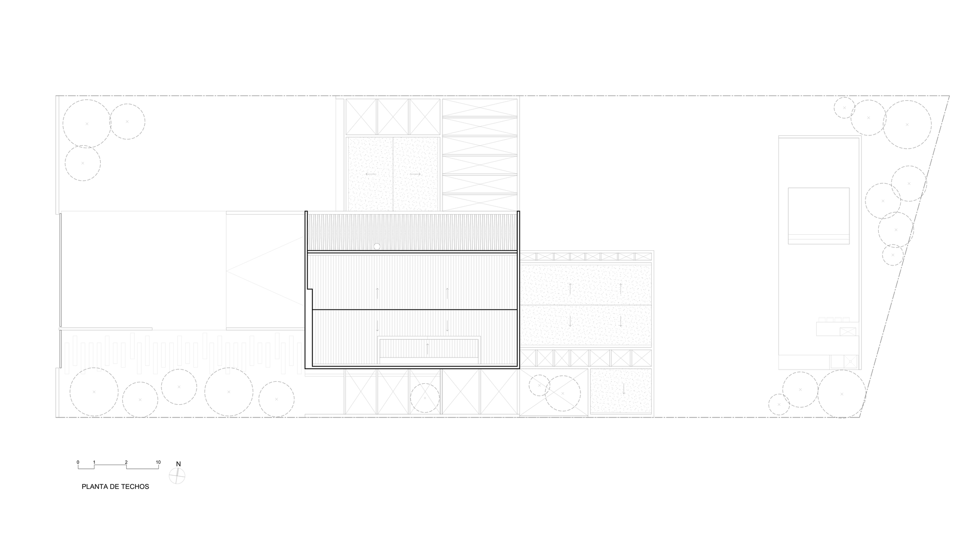 Roof plan drawing illustrating slatted canopy and surrounding landscape with circular tree plantings