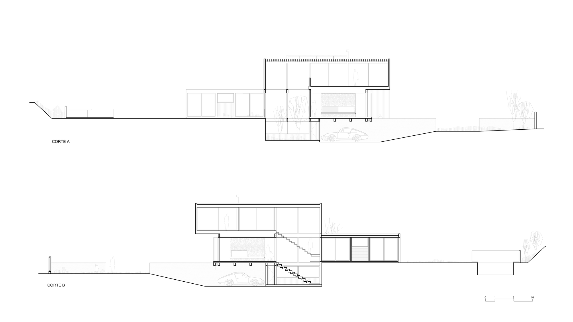 Section drawings revealing internal staircases connecting split-level volumes on a grade