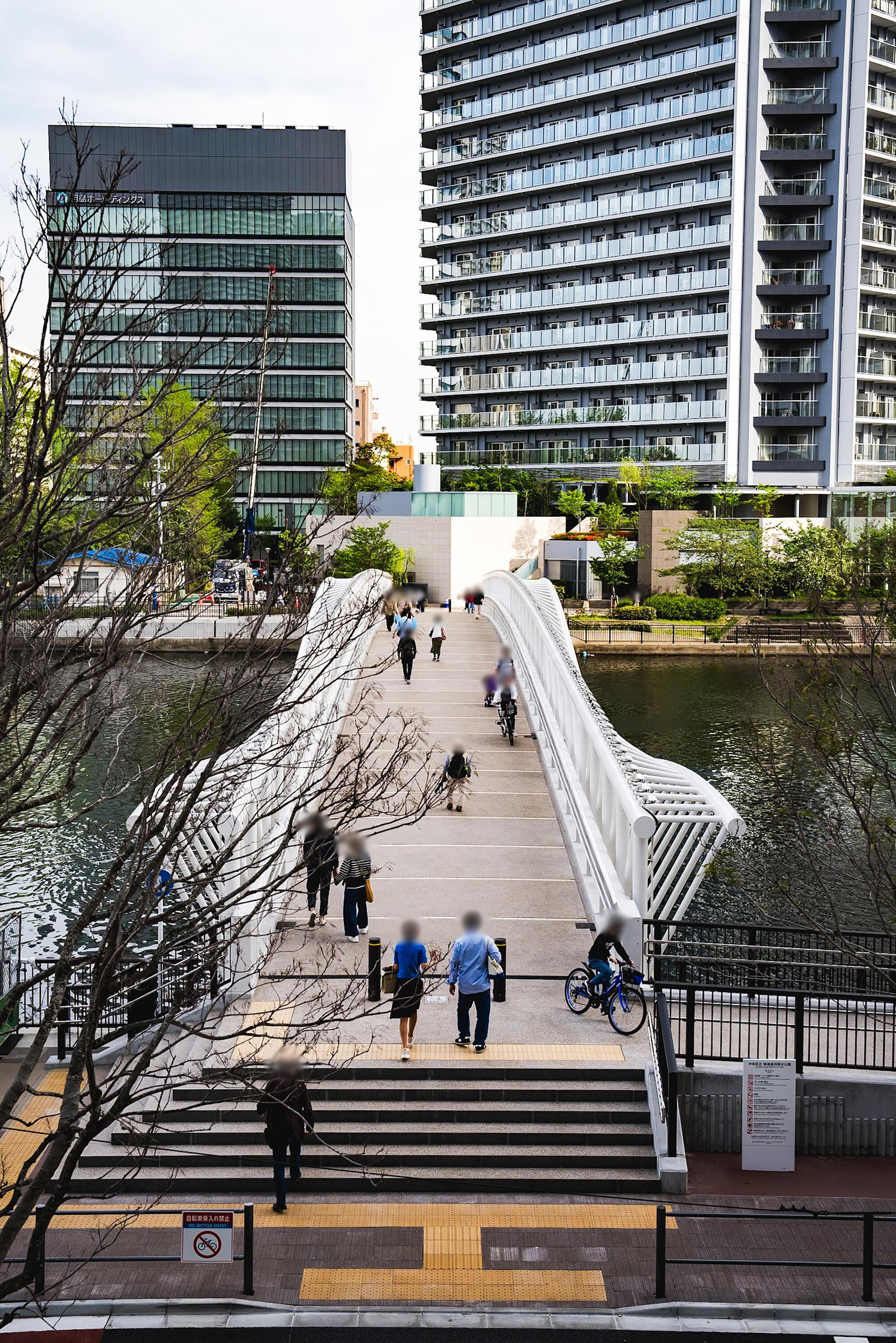 Elevated view of the timber bridge deck with pedestrians and cyclists on a spring day