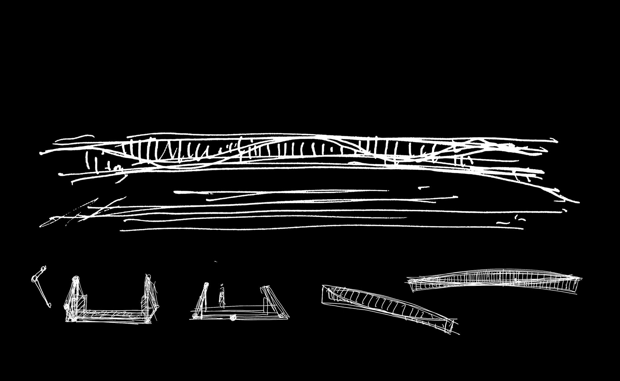 Elevation and section drawings showing the curved bridge deck and supporting truss structure