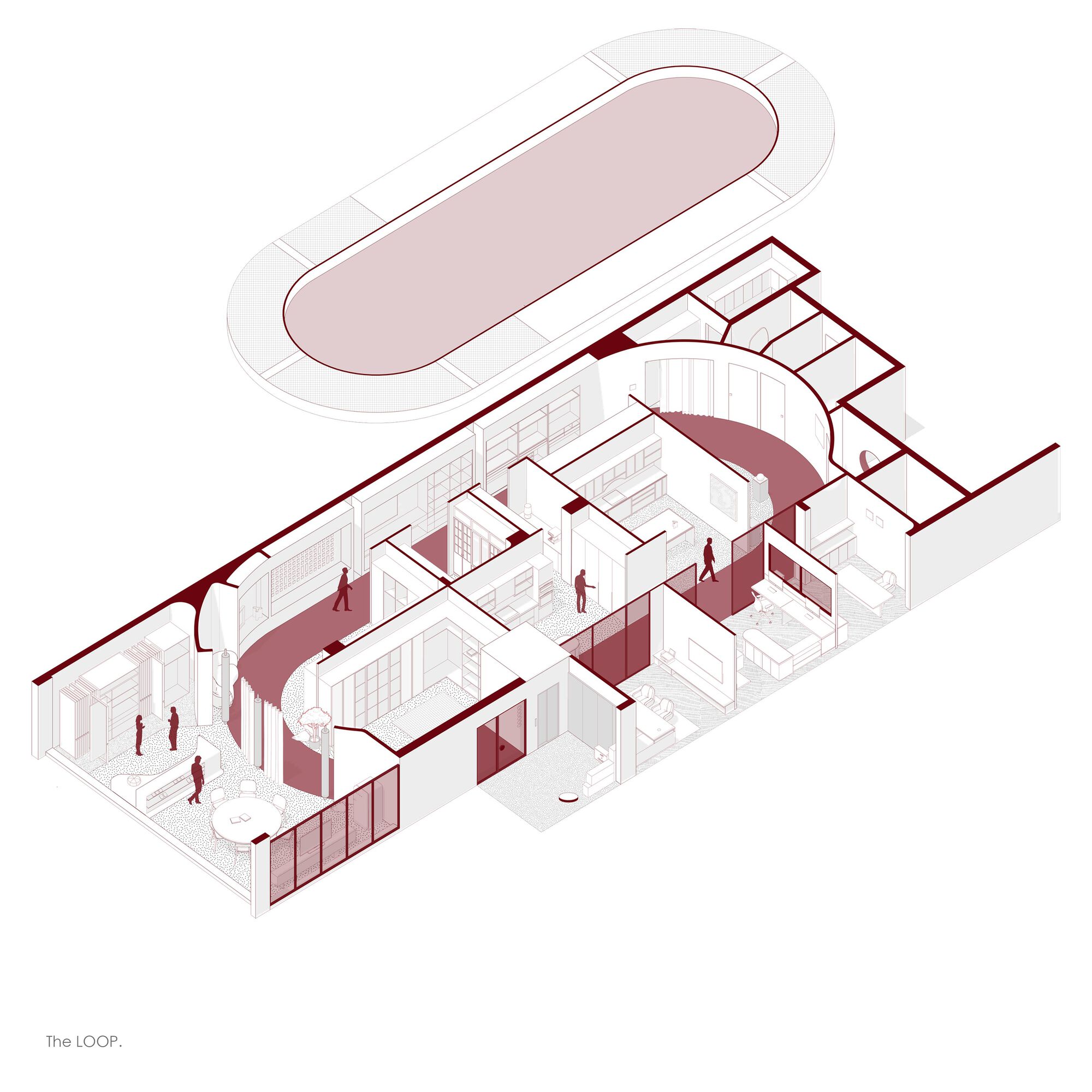 This architectural image presents an axonometric floor plan of a residential design concept called "The LOOP." The design features a continuous, loop-shaped cir