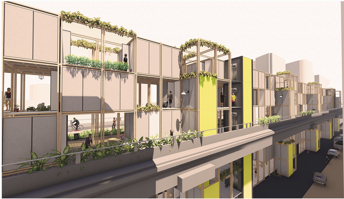 Elevated walkway with modular housing units, blending greenery, circulation, and community space in a parasitic architecture system.