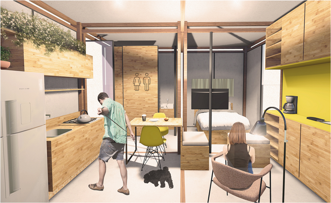 Compact modular interior showcasing efficient living design with flexible layout, natural materials, and optimized spatial planning.