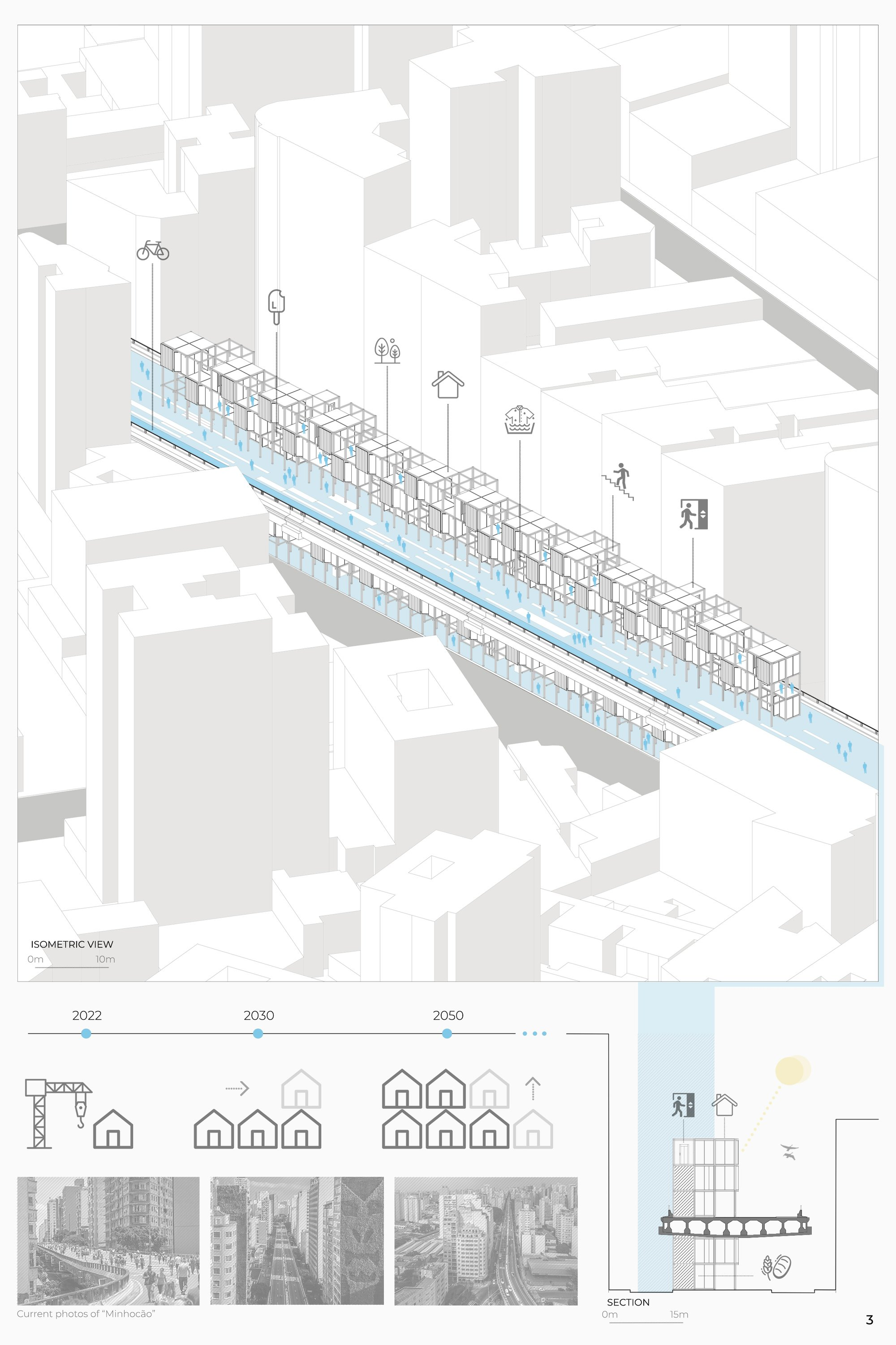 Isometric urban diagram illustrating scalable parasitic architecture growth along infrastructure over time.