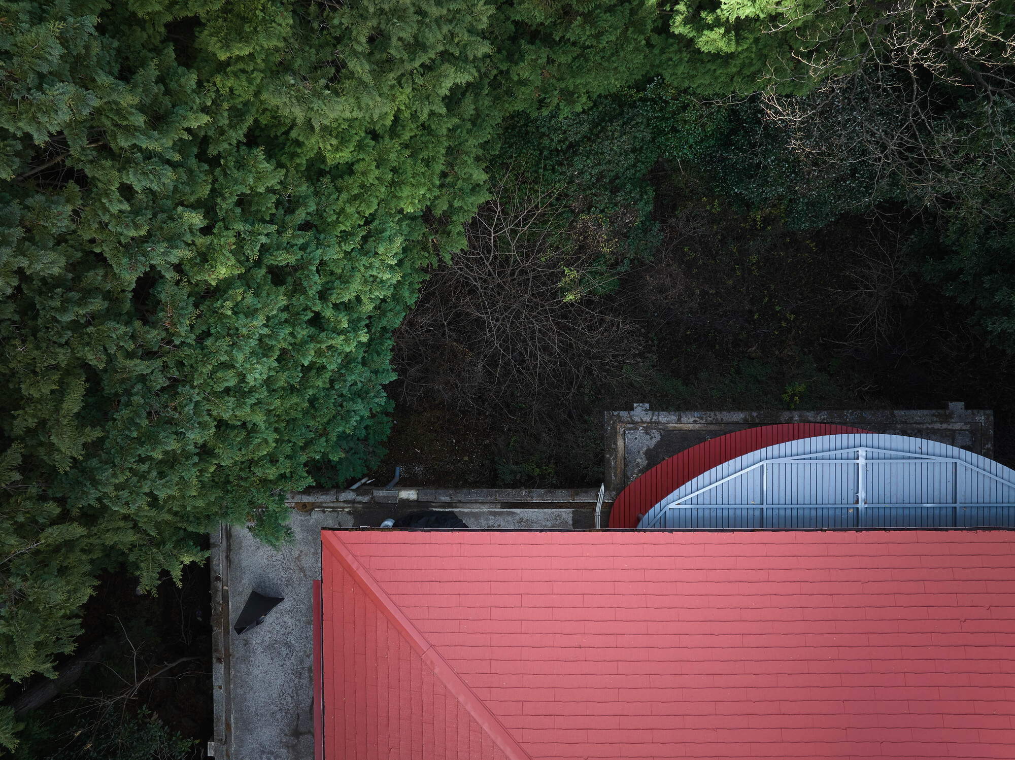 Aerial view of red corrugated metal roofs with curved forms nestled within dense green tree canopy
