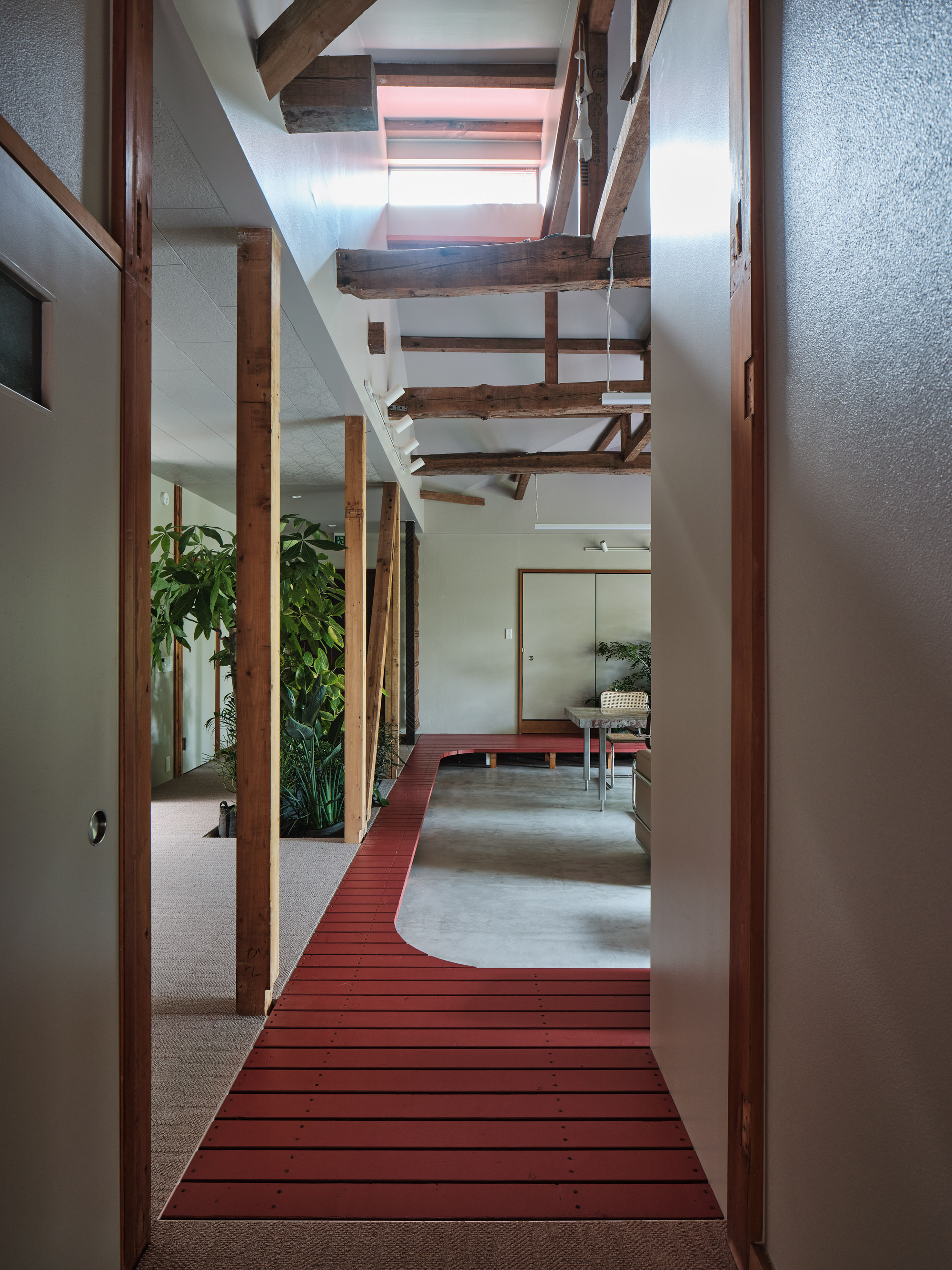 Curving red slatted timber walkway through interior corridor beneath exposed structural beams and skylights
