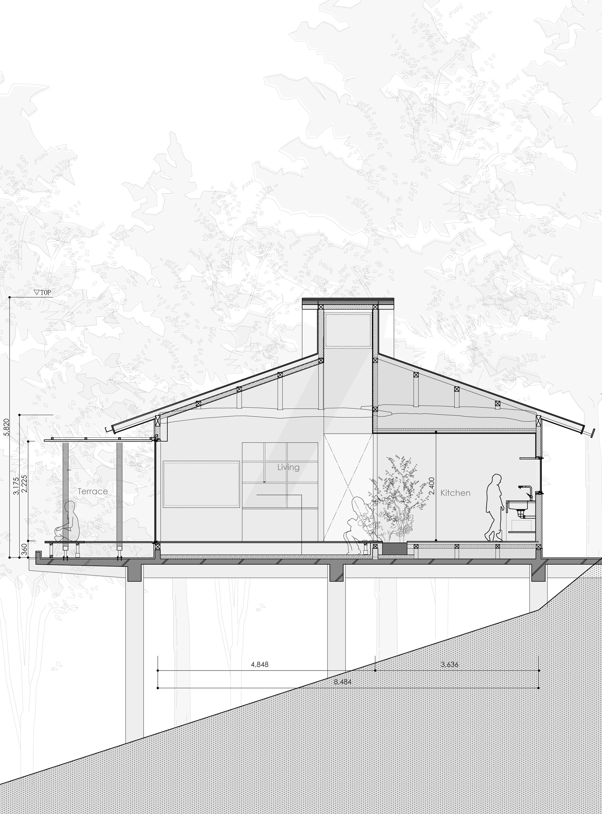 Section drawing showing sloped roof structure with central clerestory and terraced relationship to sloping terrain