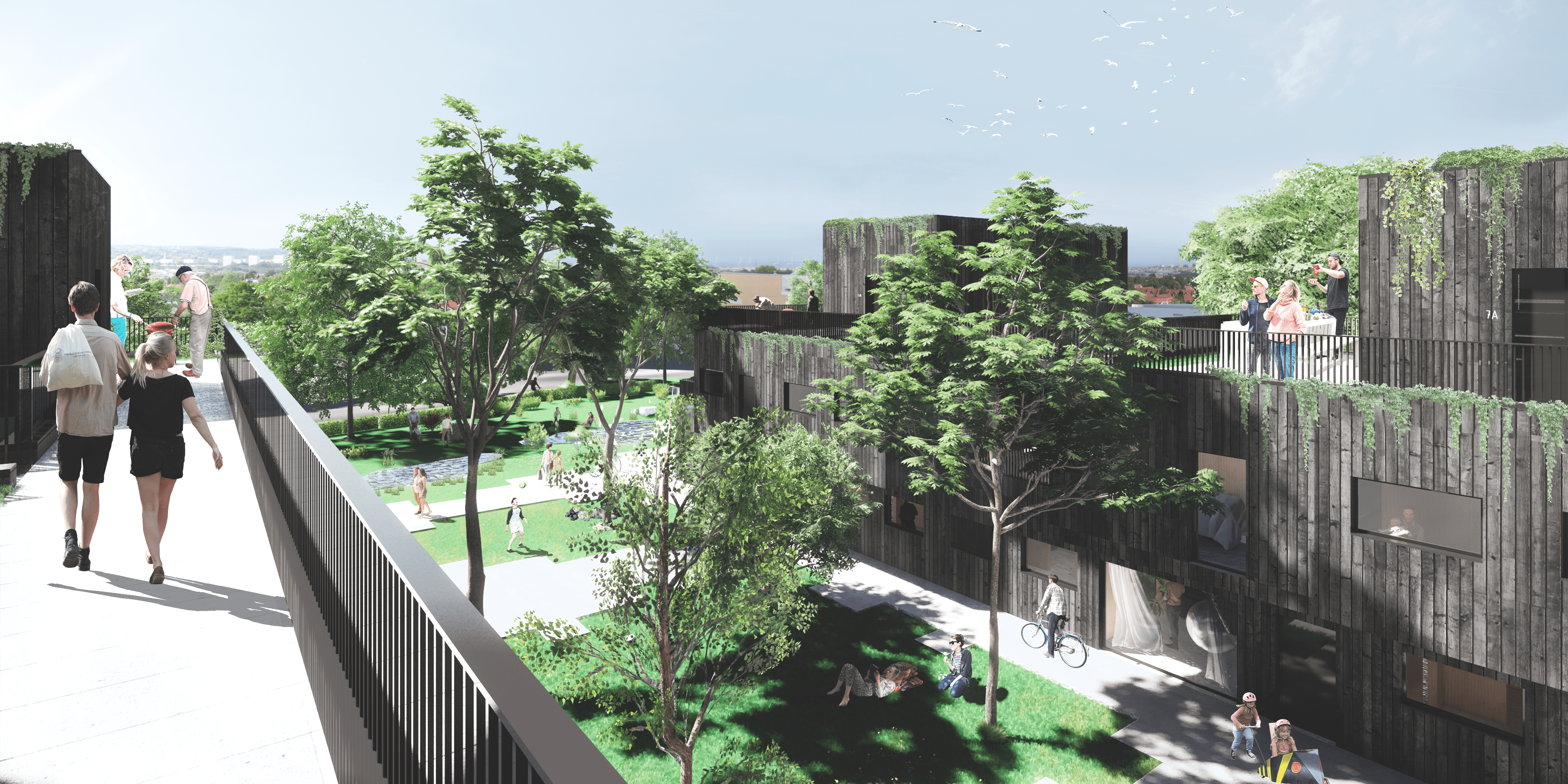 Green terraces and elevated walkways foster community interaction within a layered sustainable housing environment.