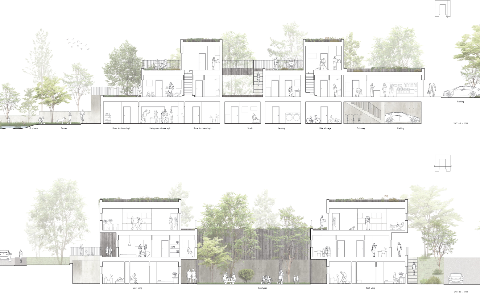 Sectional strategy reveals layered living, circulation, and shared spaces organized around a central courtyard.