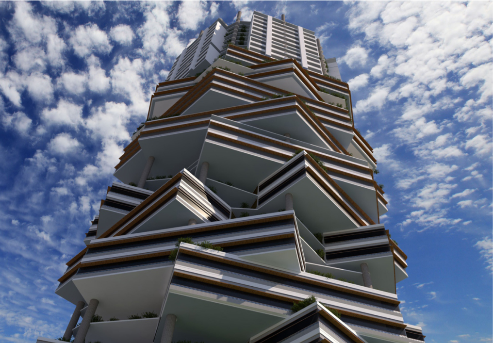 Perspective view of the biomimetic tower featuring rotating floor plates, green terraces, and layered balconies that enhance natural ventilation and daylight.