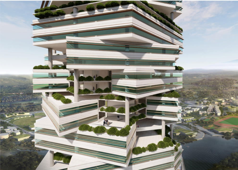 Close-up of the stacked terraces and planted balconies demonstrating vertical landscaping and passive cooling strategies in the tower design.