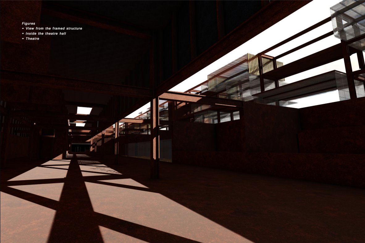 Linear cultural structure and elevated walkways creating dramatic light and shadow within the theatre complex.