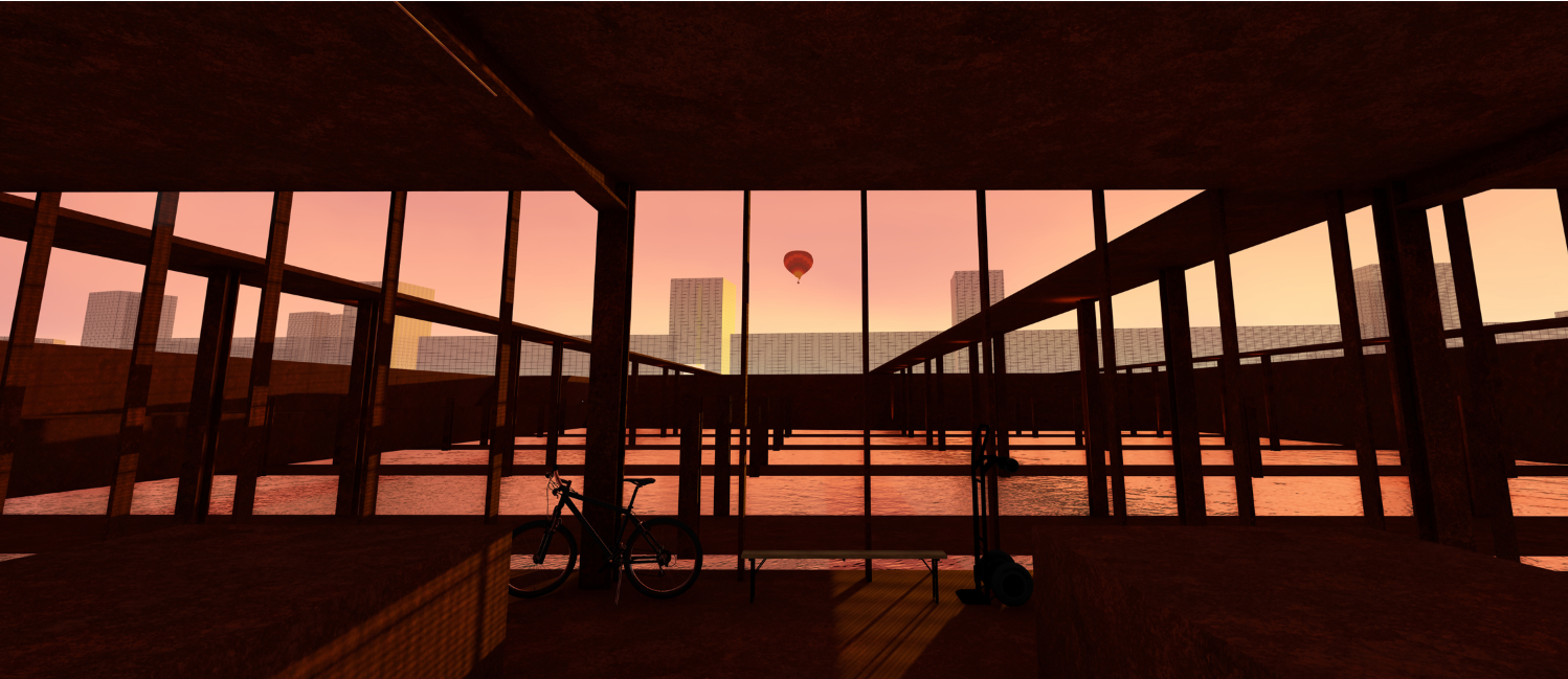 Open waterfront pavilion framing views of the river and city skyline, creating a contemplative public gathering space.