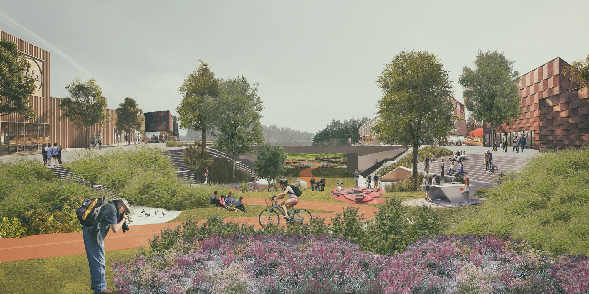 A vibrant public realm anchored by a continuous green spine connecting community, nature, and everyday life.