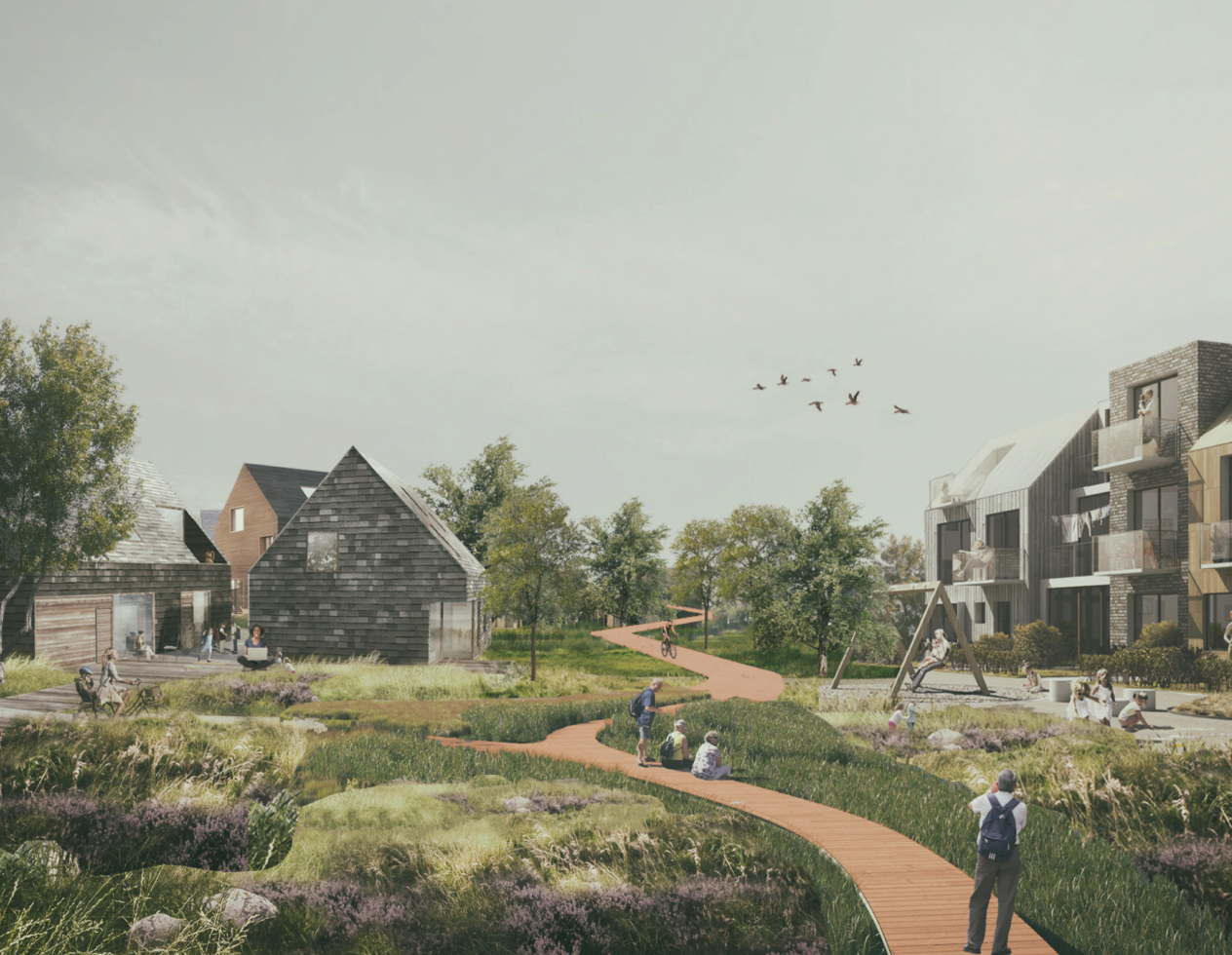 Human-scaled housing clusters embedded within ecological corridors promote inclusive and nature-driven living.