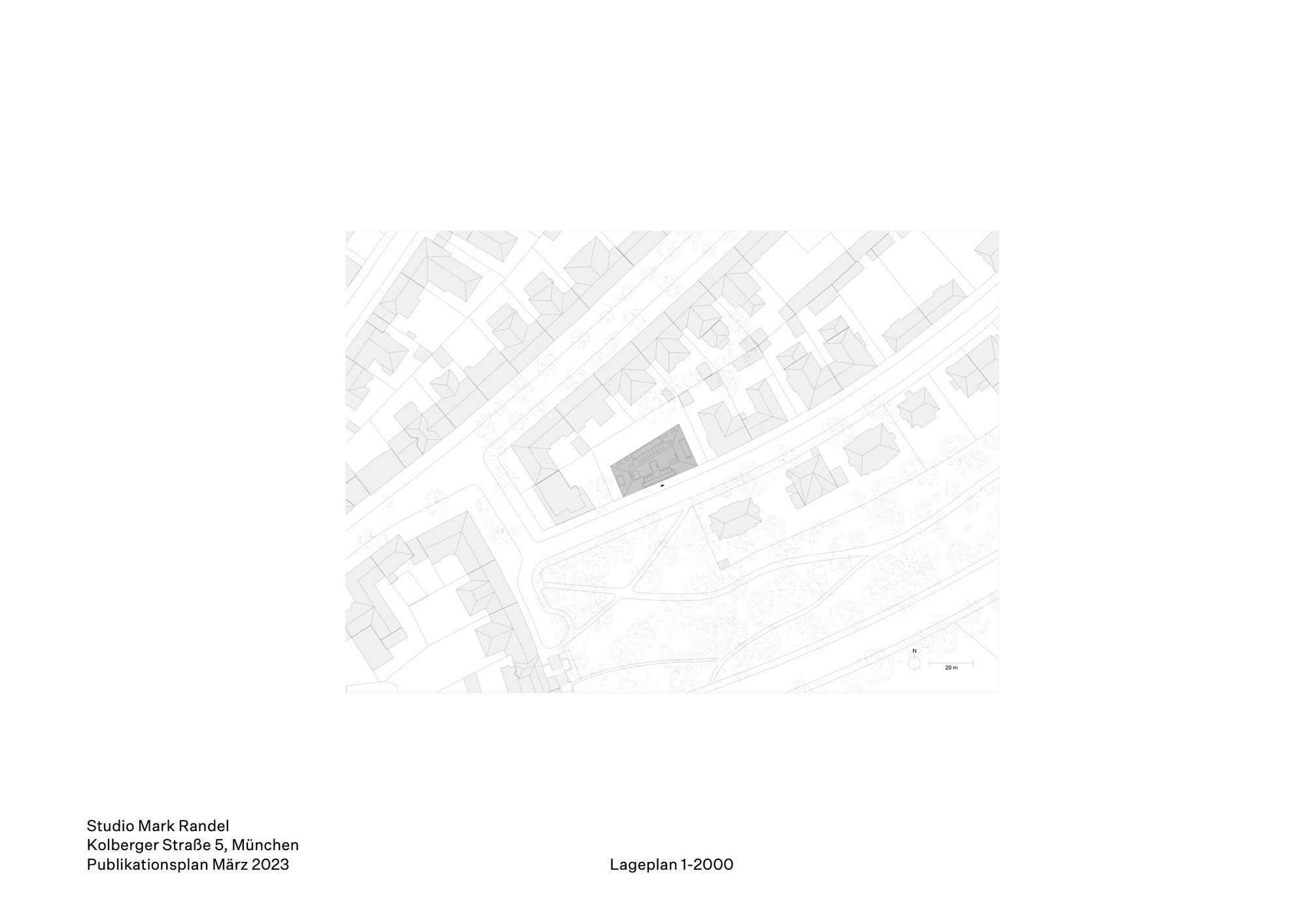 Site plan drawing showing the building footprint within an urban block with surrounding streets