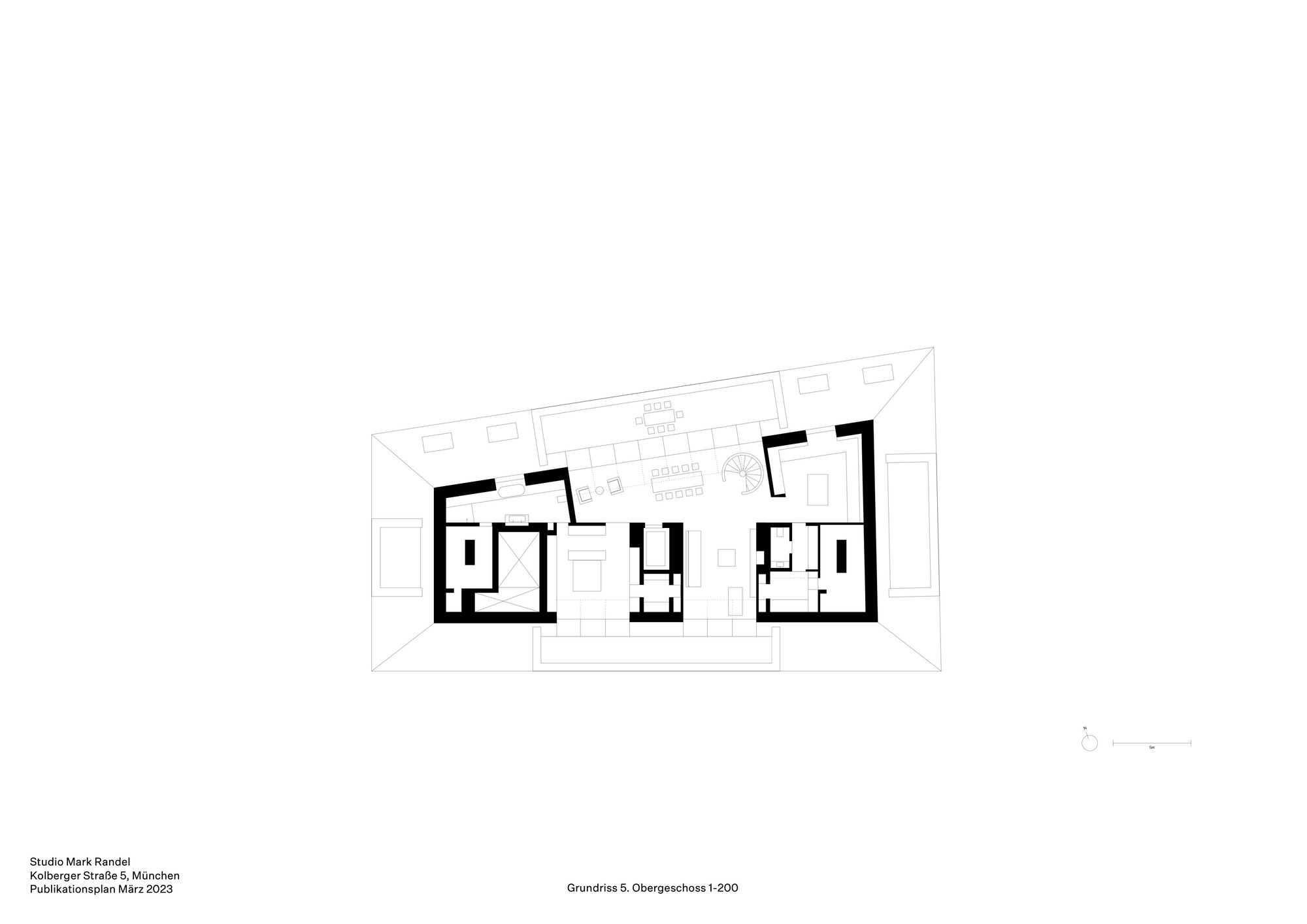 Floor plan drawing showing three residential units separated by a central glazed courtyard space