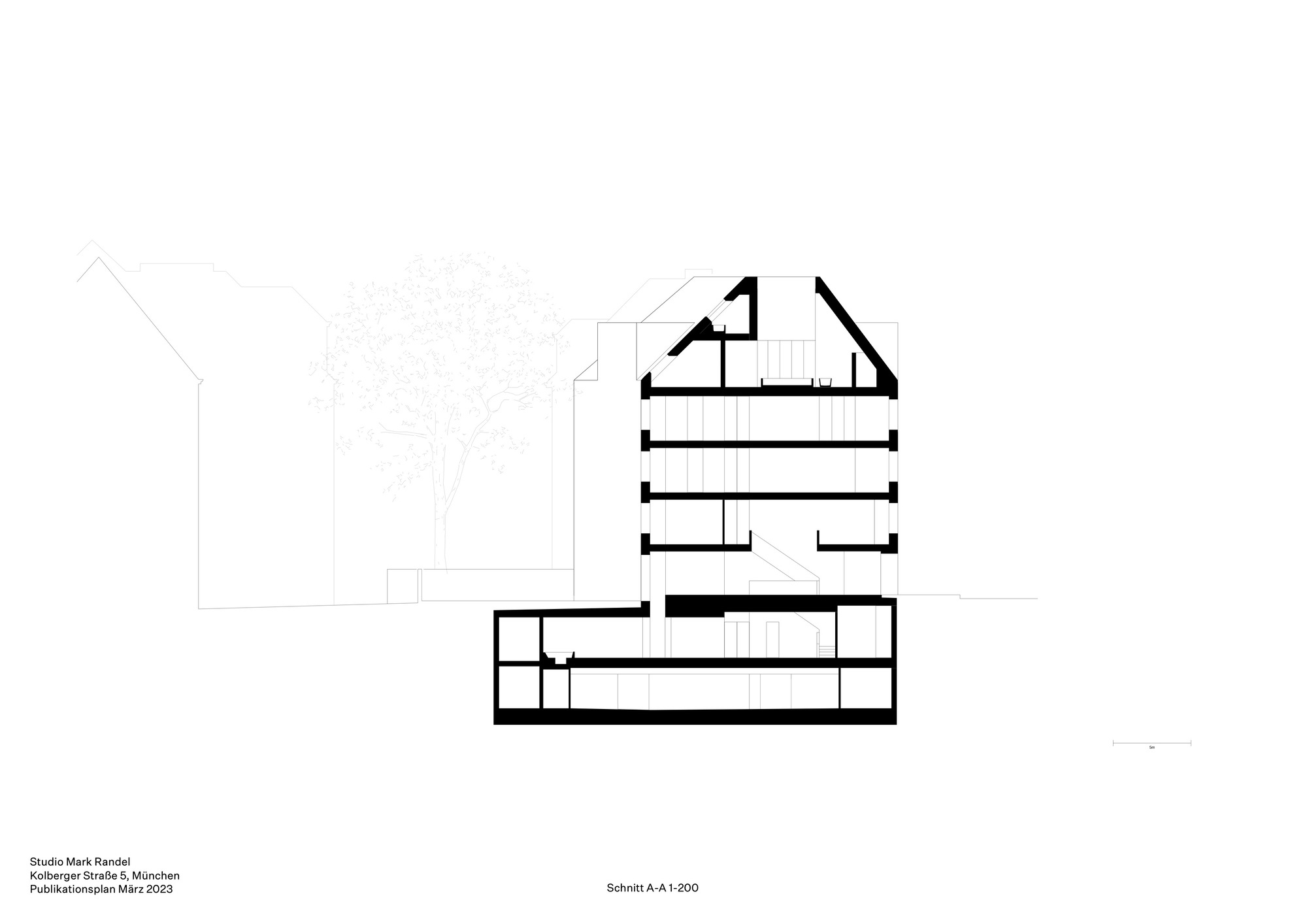 Building section drawing showing a multi-story volume beside a single-story wing with sloped roof