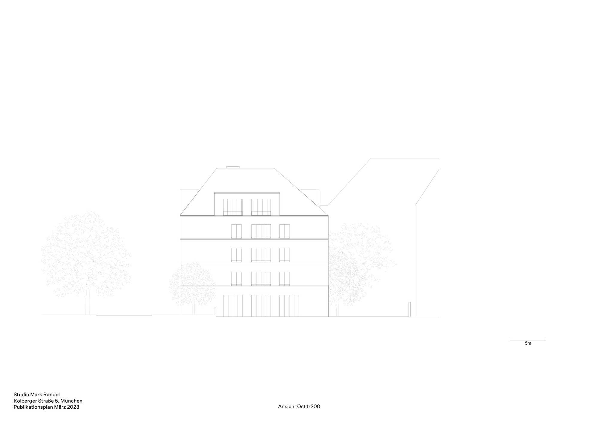 Elevation drawing showing a five-story building with mansard roof flanked by trees
