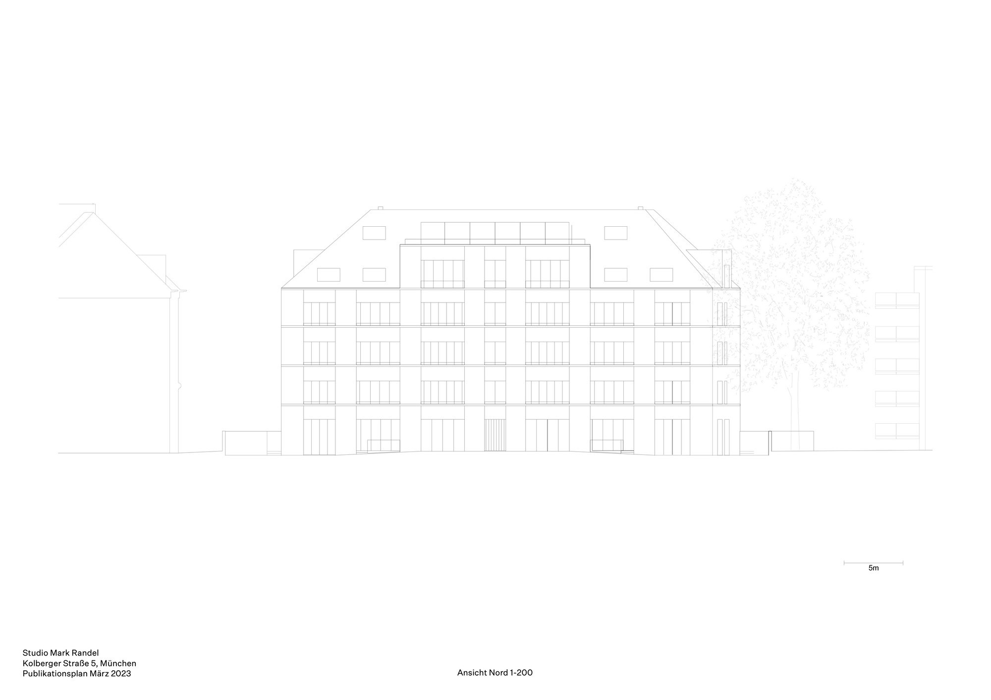 Elevation drawing showing a five-story facade with symmetrical window arrangement and pitched roof