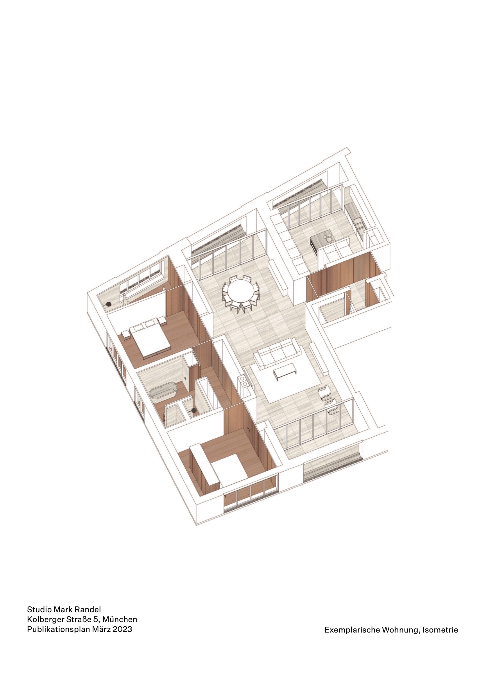 Isometric drawing showing apartment layout with living area, dining table, and bedrooms in wood tones